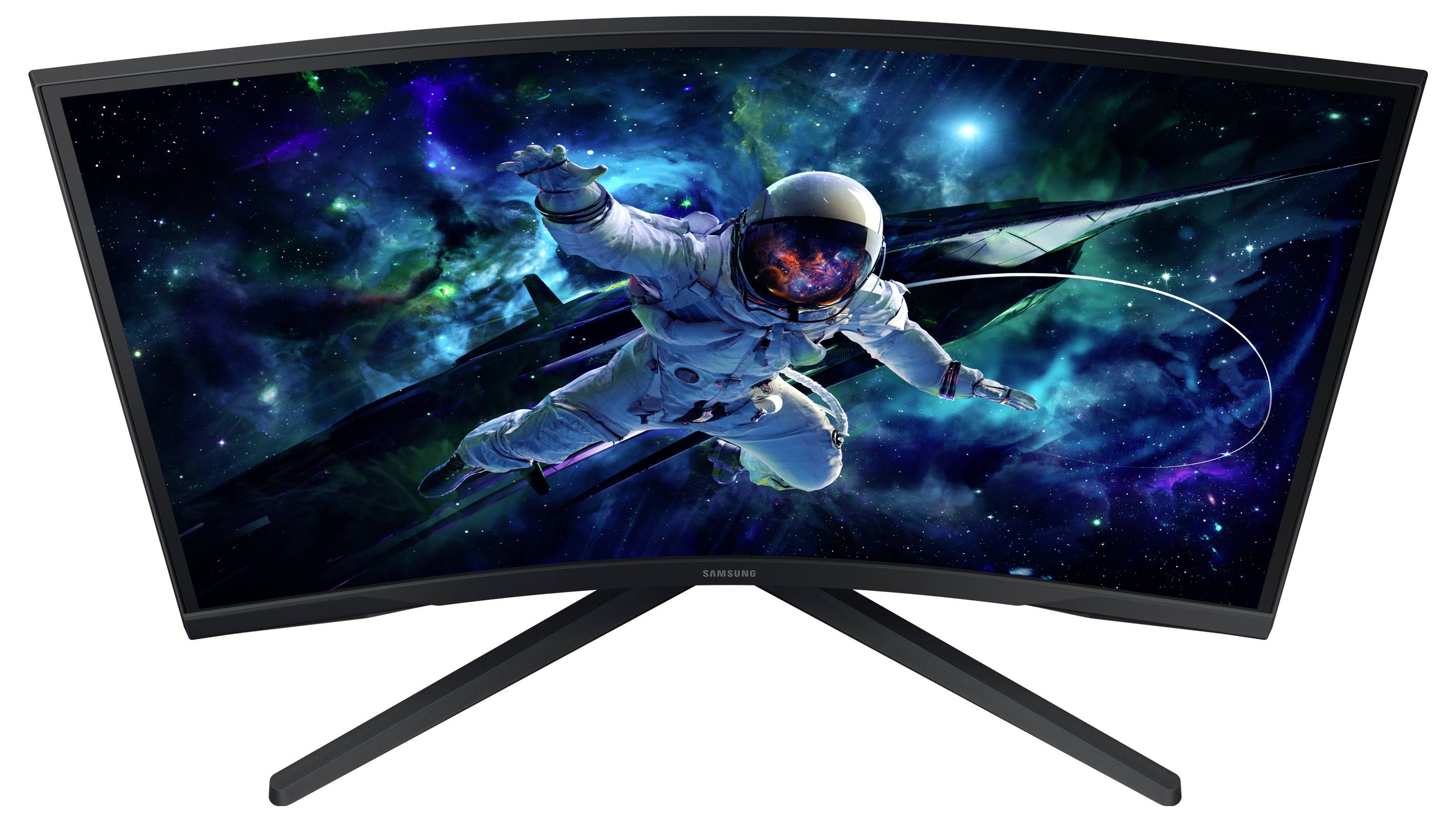 Ein Astronaut schwebt im Weltraum vor einem farbenfrohen, leuchtenden Hintergrund auf einem gebogenen Monitor dargestellt.