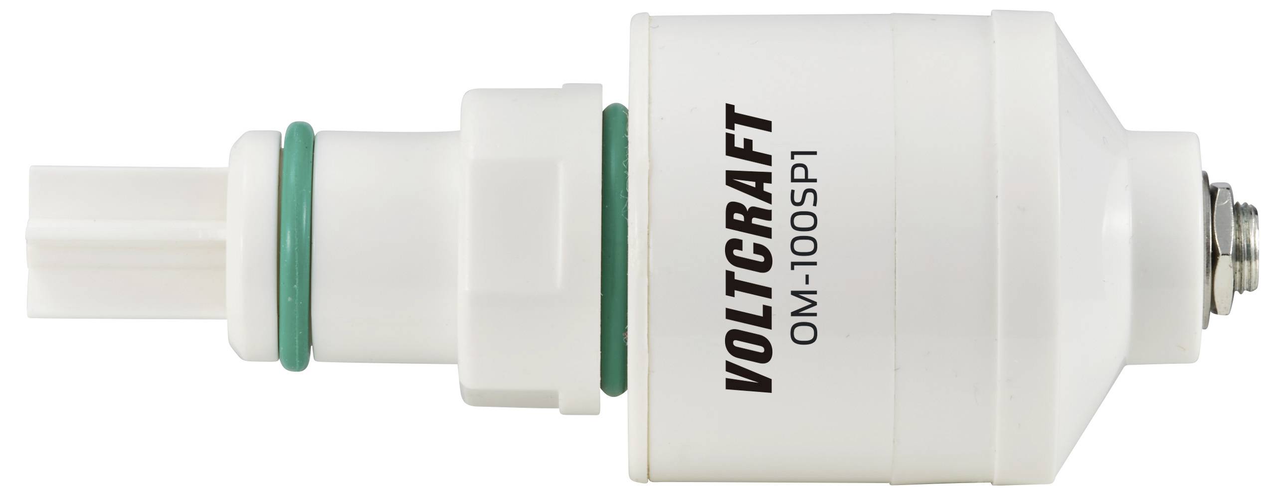 Sensorgerät mit der Aufschrift 'Voltcraft OM-100SP1', zylindrische Form, weiße Oberfläche, grüne Dichtungen an zwei Stellen.