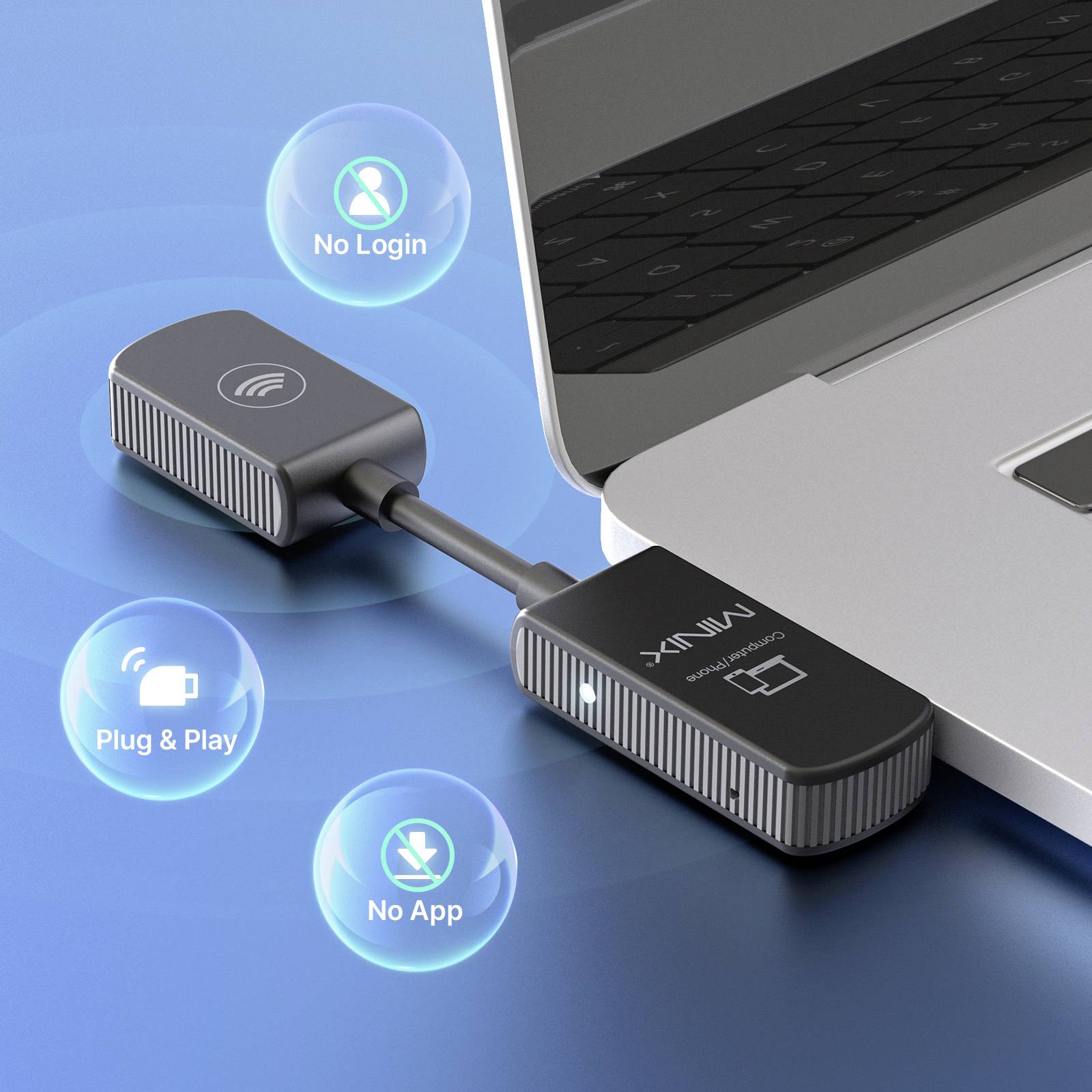 Ein kabelloser HDMI-Adapter verbindet einen Laptop mit einem Bildschirm. Symbole heben 'No Login', 'Plug & Play' und 'No App' hervor.