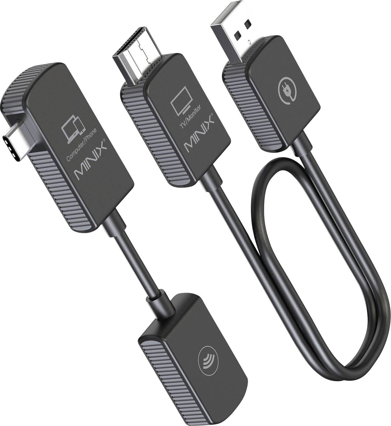 Drei schwarze Adapterkabel mit unterschiedlichen Anschlüssen: ein USB-Stecker, ein HDMI-Stecker und ein microUSB-Anschluss.