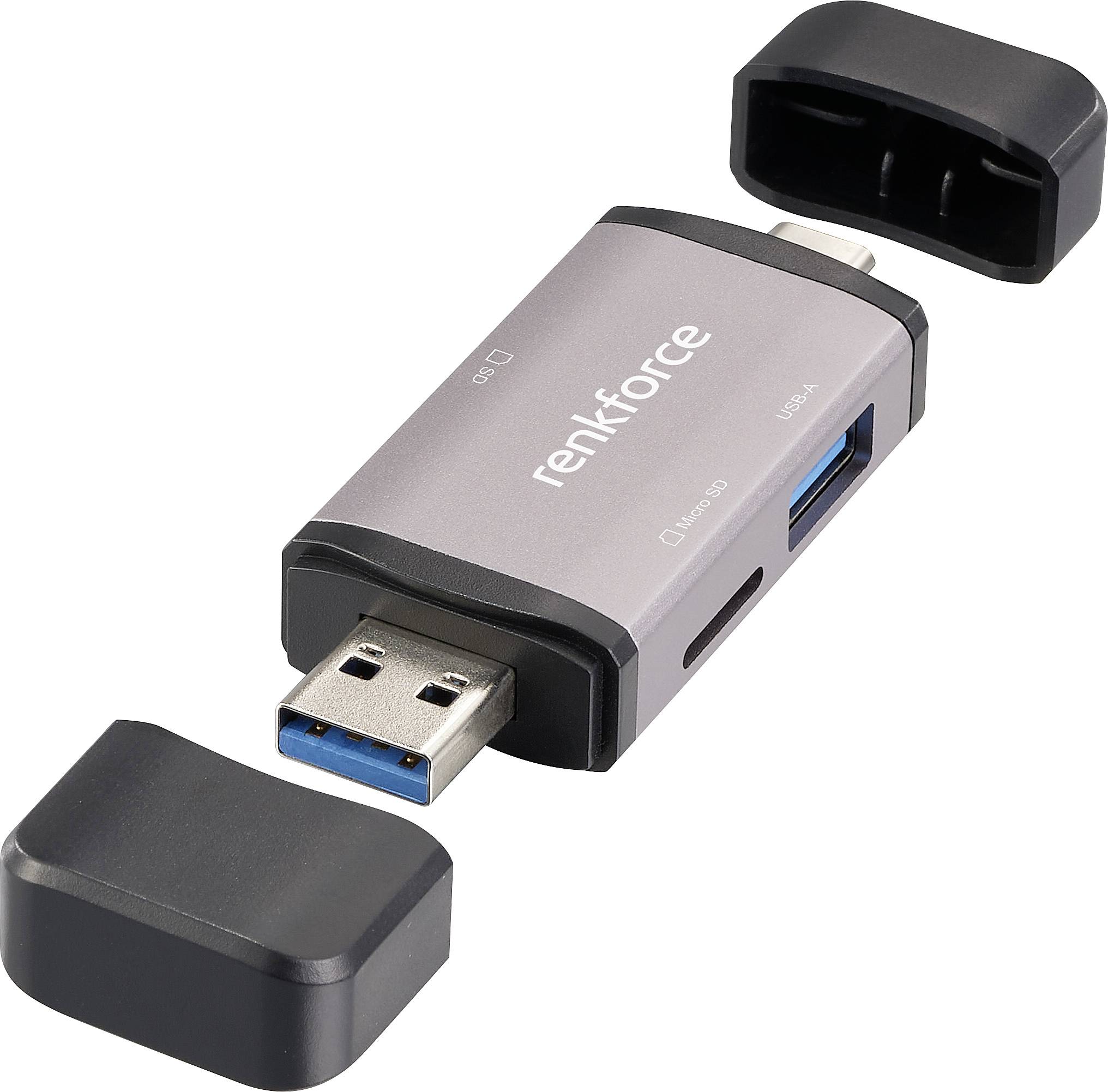 USB-Adapter mit abnehmbaren Kappen, drei Anschlüsse: USB, microSD und VGA, silberfarbenes Gehäuse mit 'renkforce'-Logo.