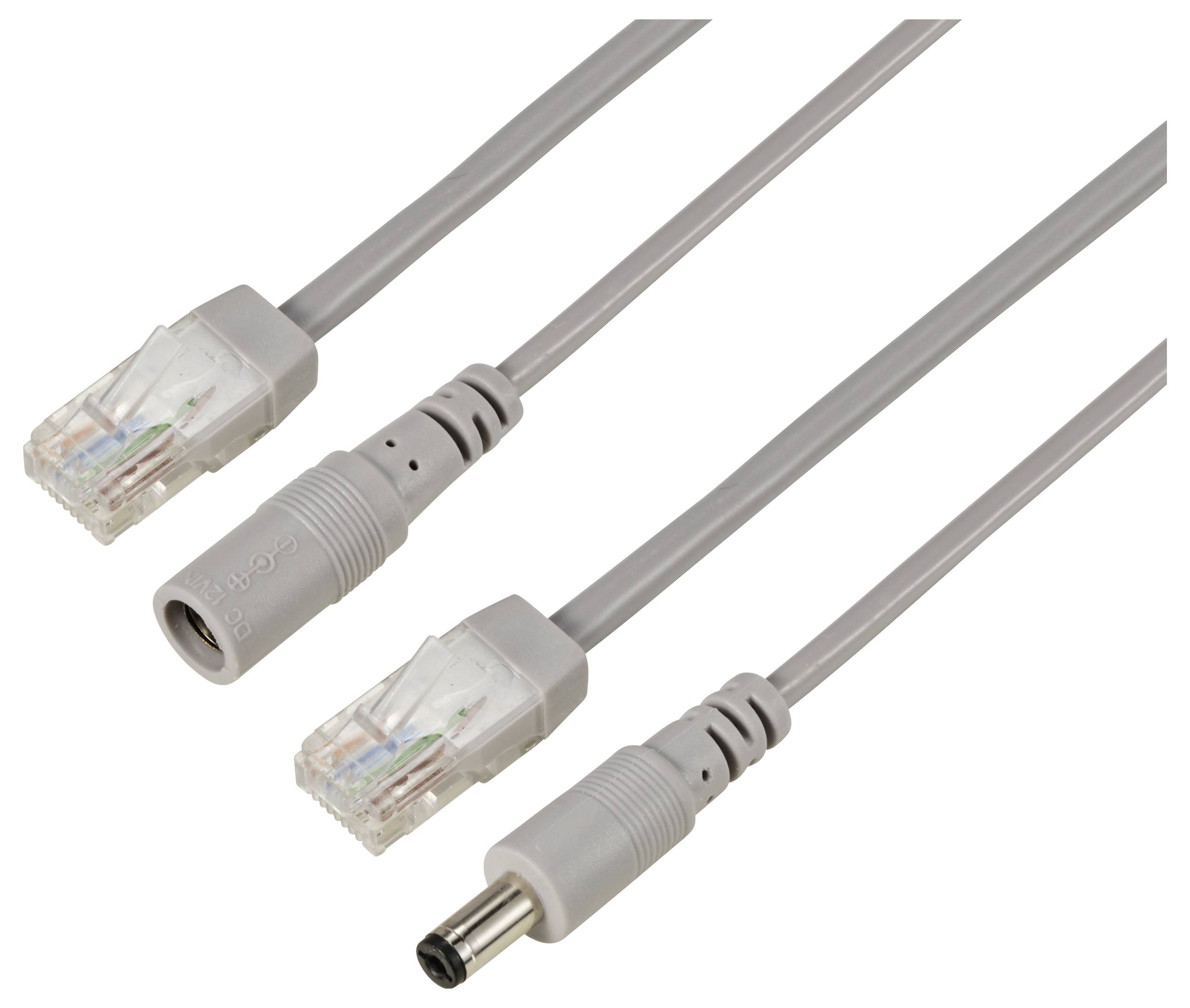Graues Kabel mit zwei RJ45- und einem Klinkenstecker, verwendet für Netzwerkverbindungen und Audioverbindungen.