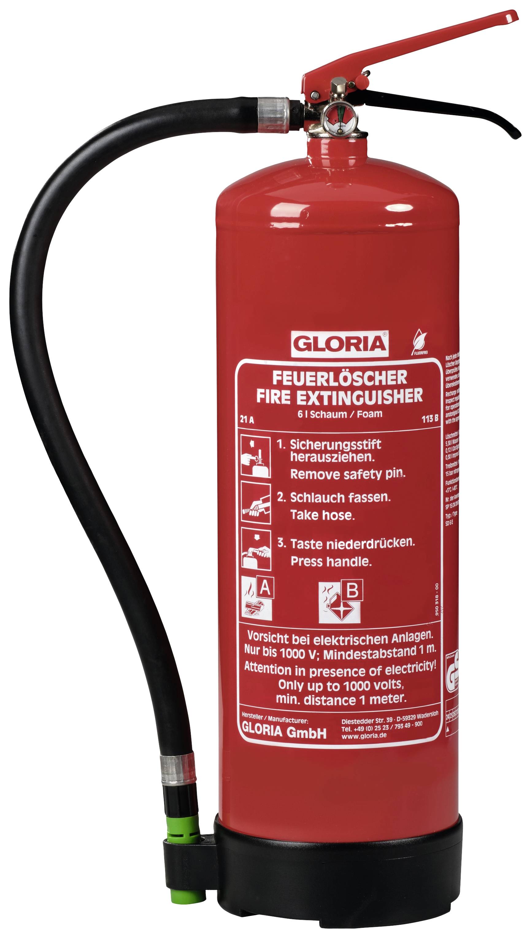 Gloria SD 6 E Schaumfeuerlöscher mit Manometer, fluorfrei 6l Brandklasse: A, B Inhalt 1St.