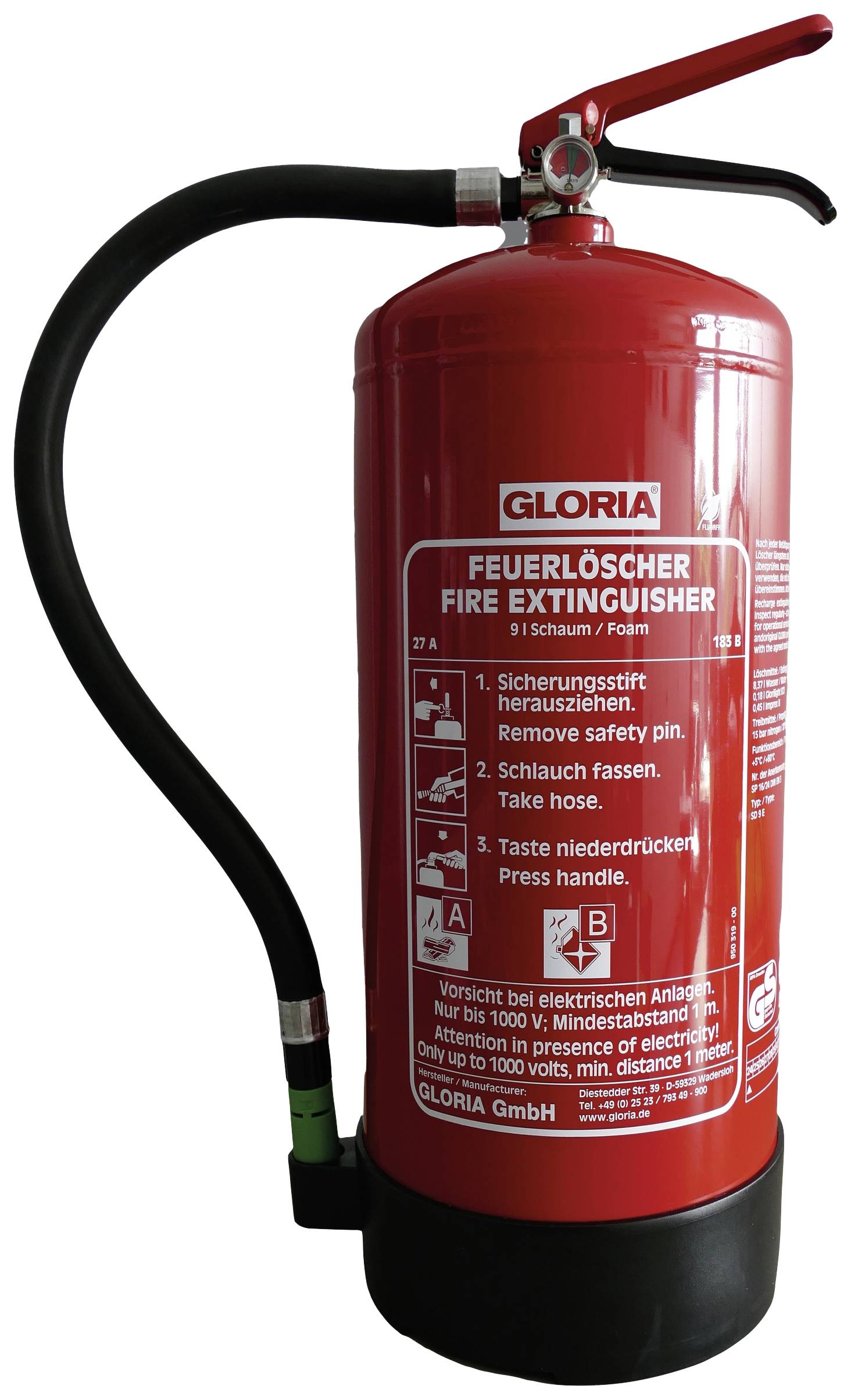 Gloria SD 9 E Schaumfeuerlöscher mit Manometer, fluorfrei 9l Brandklasse: A, B Inhalt 1St.