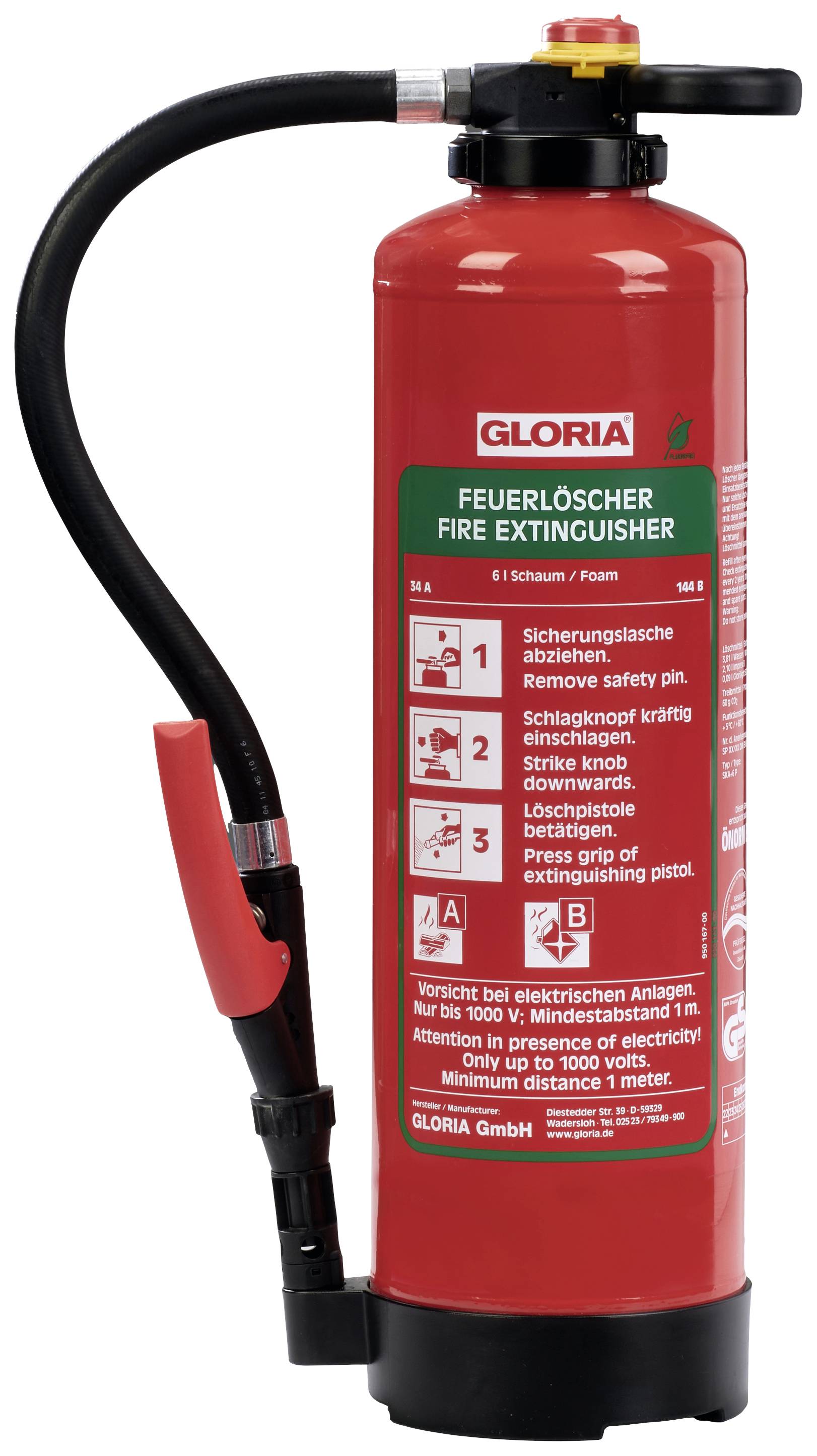 Roter Feuerlöscher mit Schaum, Marke 'Gloria'. Beschriftet mit Gebrauchsanweisung und Warnhinweisen für elektrische Anlagen bis 1000 Volt.