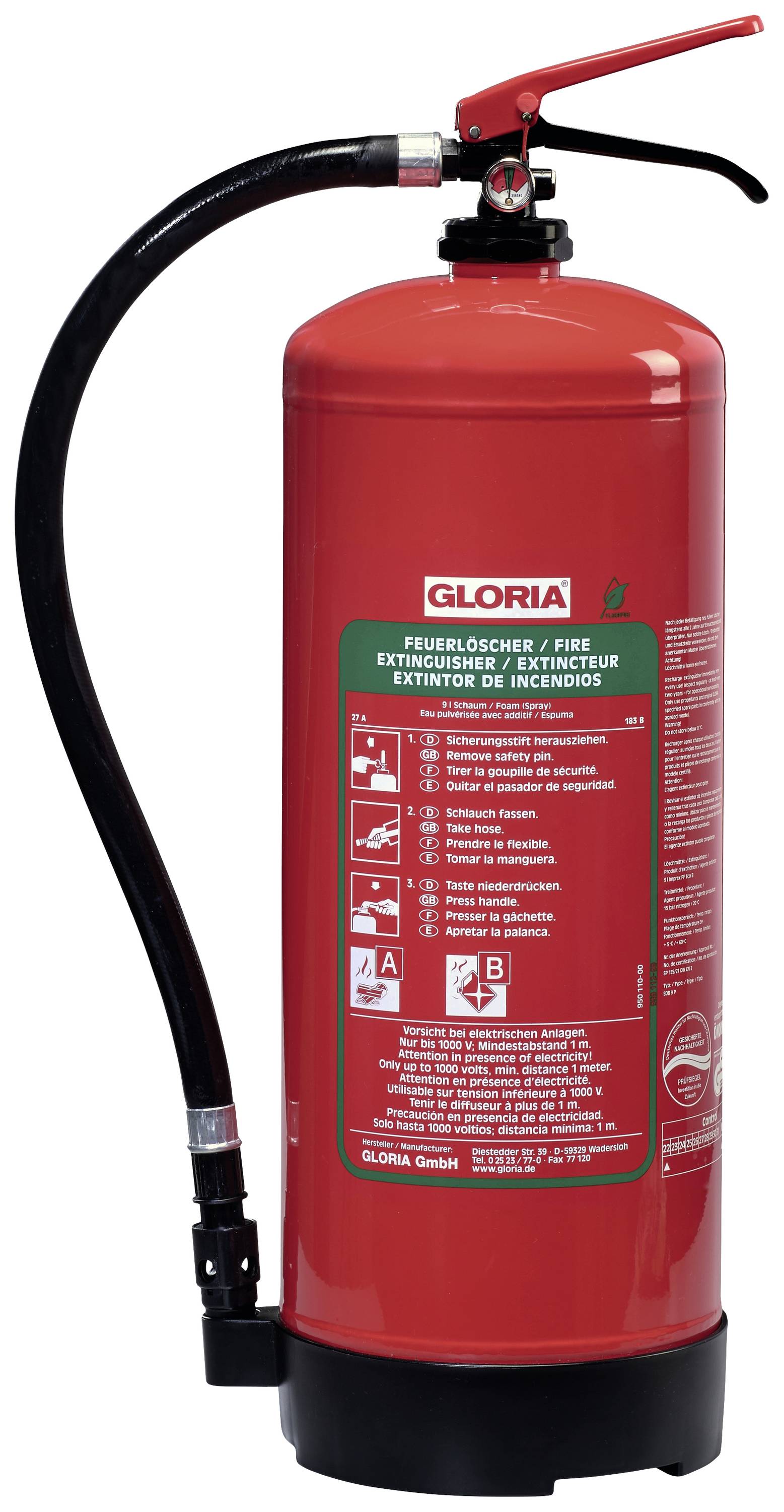 Gloria SDB 9 Schaumfeuerlöscher mit Manometer, fluorfrei 9l Brandklasse: A, B Inhalt 1St.