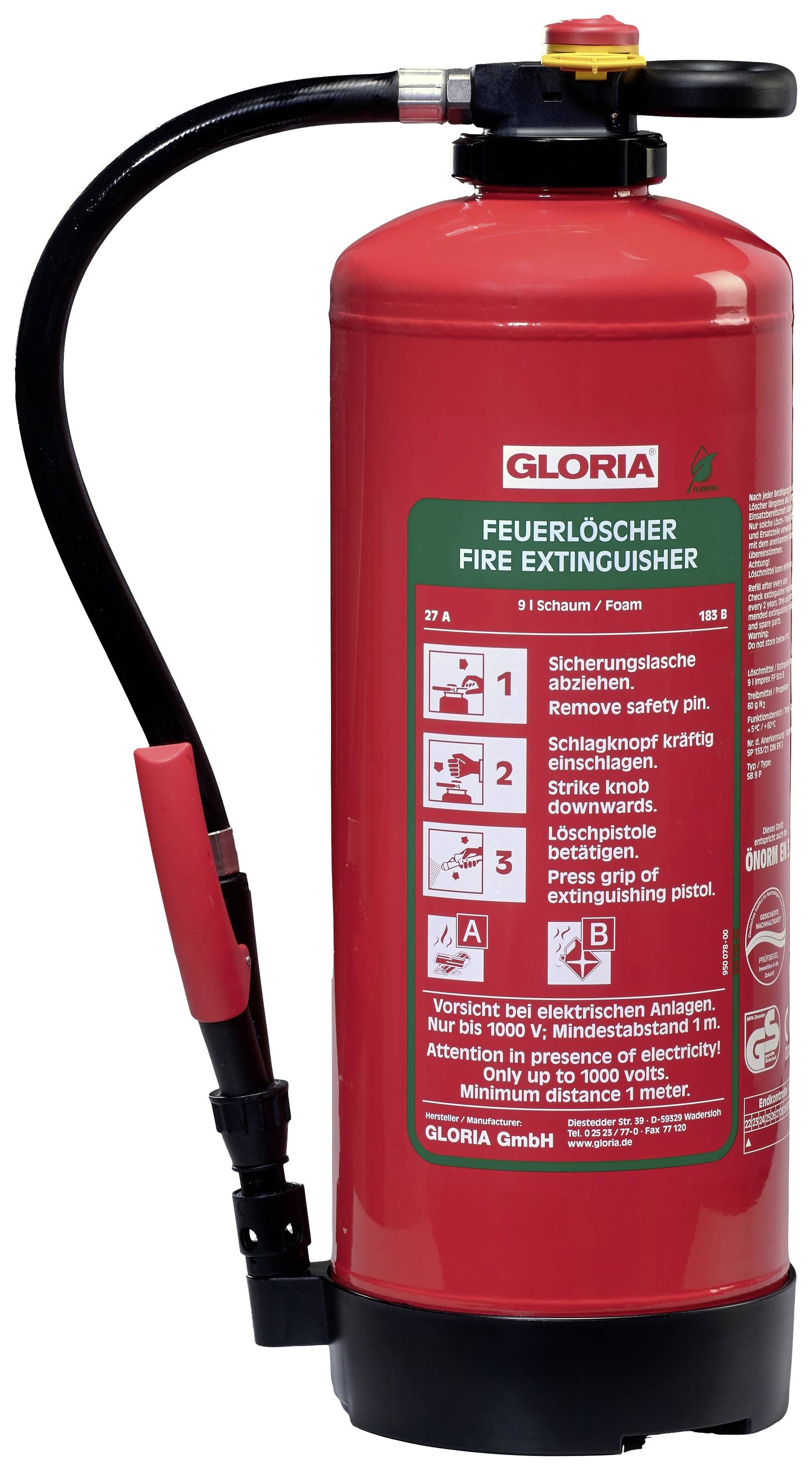 Gloria SB 9 PRO Schaumfeuerlöscher fluorfrei 9l Brandklasse: A, B Inhalt 1St.
