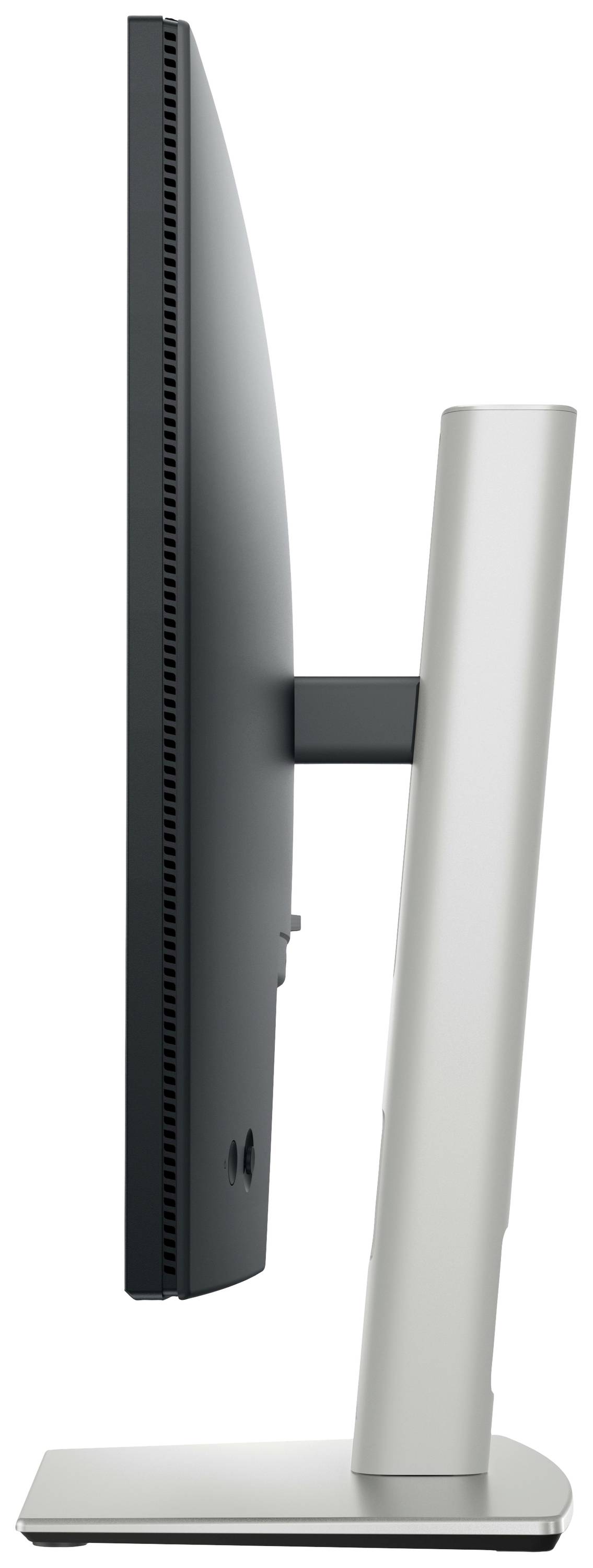 Seitenansicht eines schlanken Computermonitors auf einem Standfuß. Der Bildschirm ist schwarz, der Standfuß silbern.