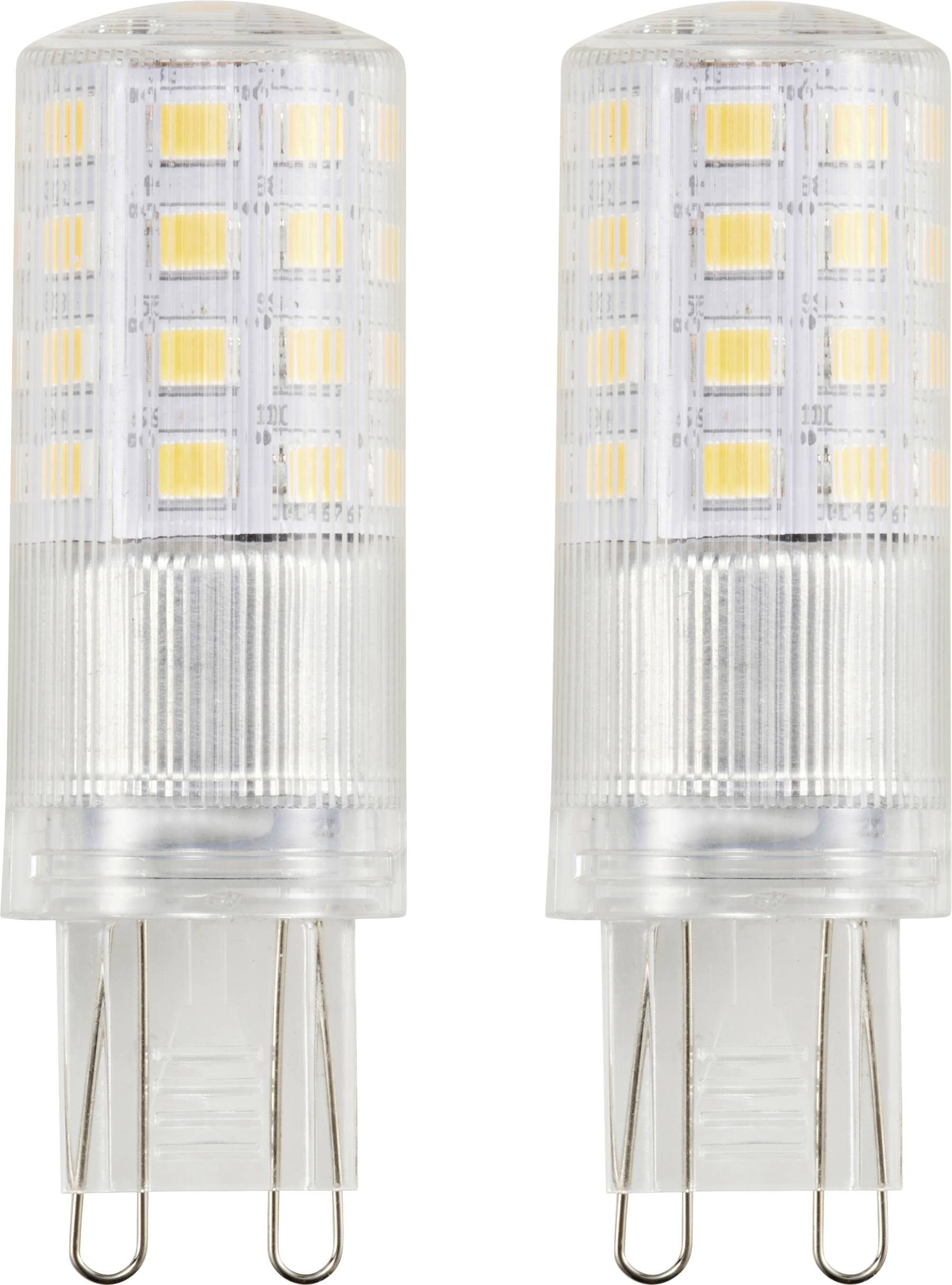 Zwei transparente LED-Glühbirnen mit G9-Sockel, jede mit mehreren kleinen, gelben Leuchtchips, die für helle Beleuchtung sorgen.