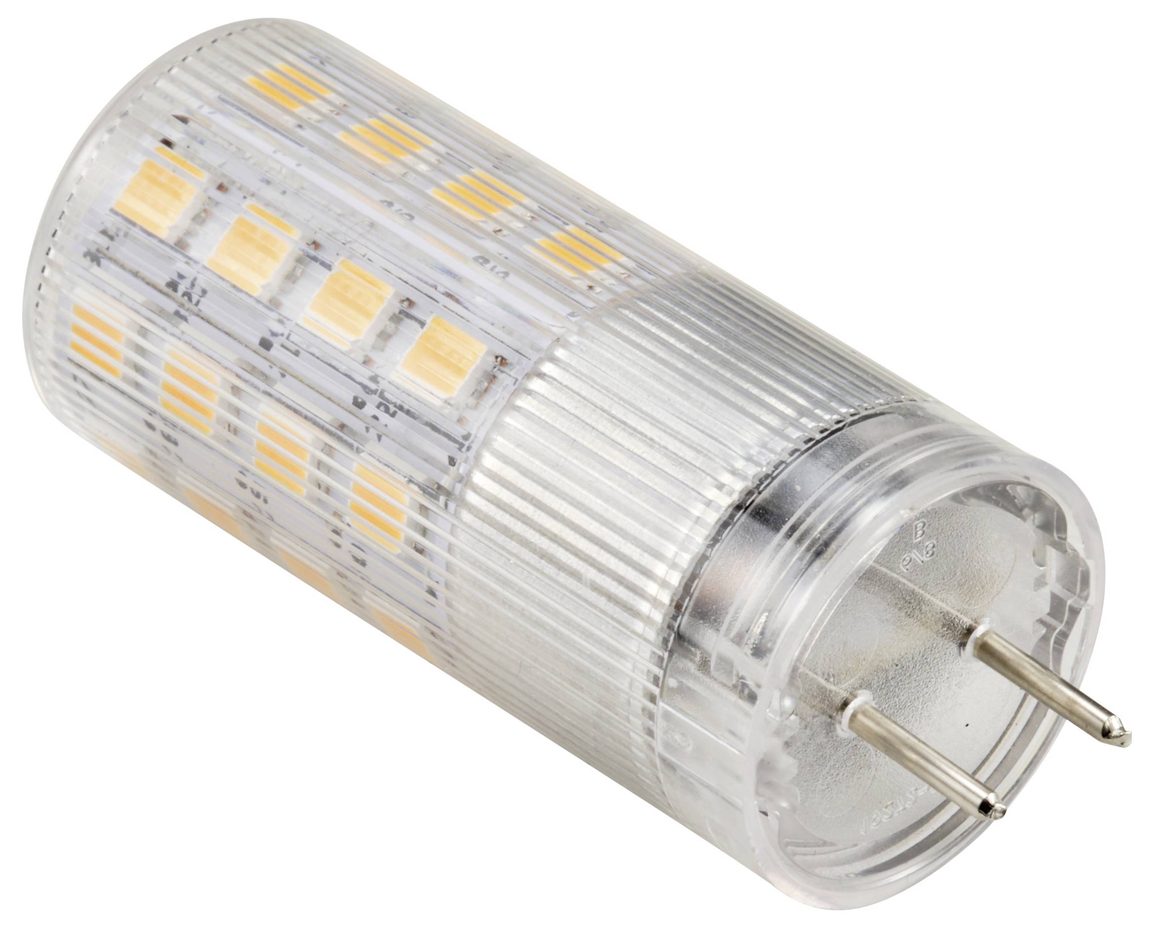 Eine transparente LED-Lampe in zylindrischer Form mit orangefarbenen Elementen und zwei Metallstiften zum Einstecken.