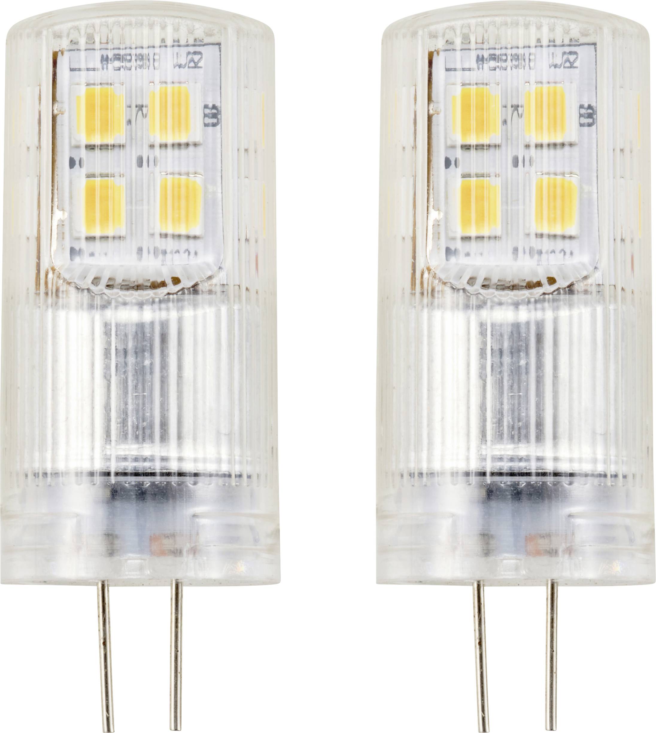 Zwei LED-Birnen mit klarem Gehäuse und gelben Dioden. Sie haben zwei Metallstifte für den Anschluss in einer Fassung.