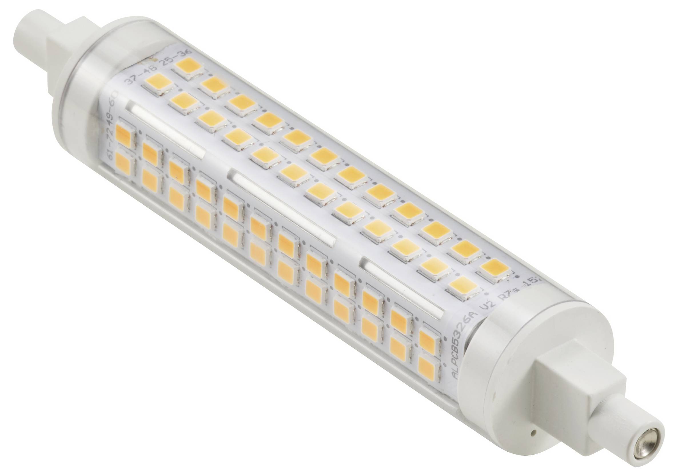 Eine zylindrische LED-Lampe mit mehreren Reihen leuchtender Chips, geeignet für helle und energieeffiziente Beleuchtung.