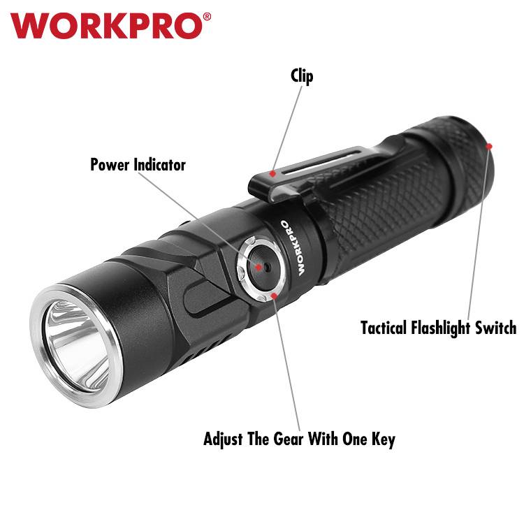 WorkPro Taschenlampe mit Stroboskopmodus, mit Handschlaufe über USB 1100lm 16h 128g