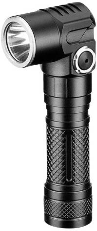 Schwarze LED-Taschenlampe mit Winkelkopf und strukturiertem Griff, geeignet für taktische oder Outdoor-Verwendung.