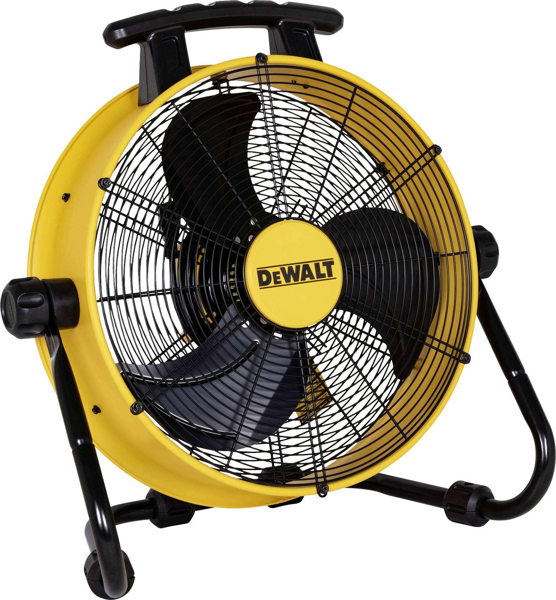 Tragbarer gelber DeWalt Ventilator mit schwarzem Standbein und Propeller in einem Raum platziert. Ideal zur Luftzirkulation.