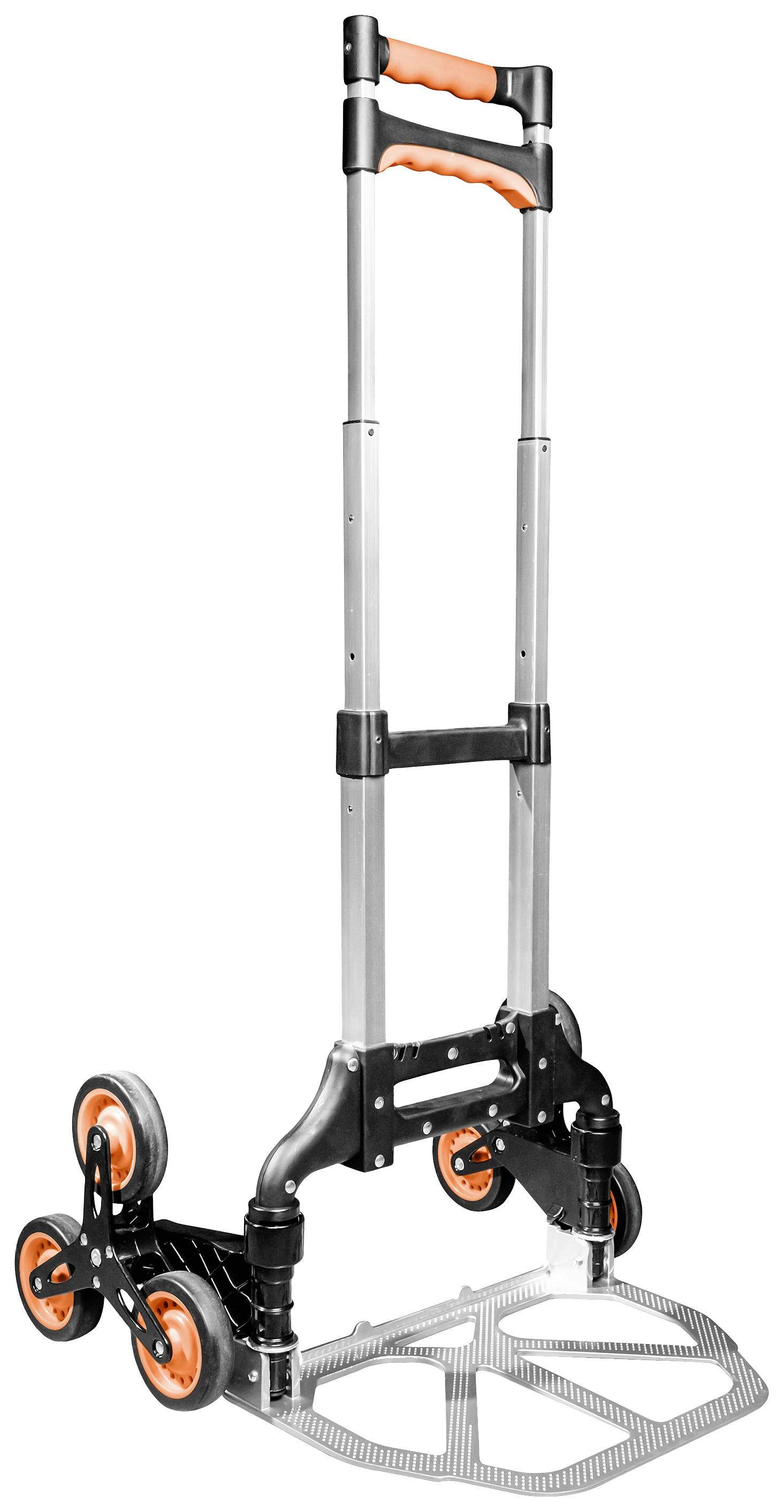 Ein zusammenklappbarer, silberner Handwagen mit orangefarbenen Griffen und drei Rädern auf jeder Seite für einfaches Manövrieren auf Treppen.