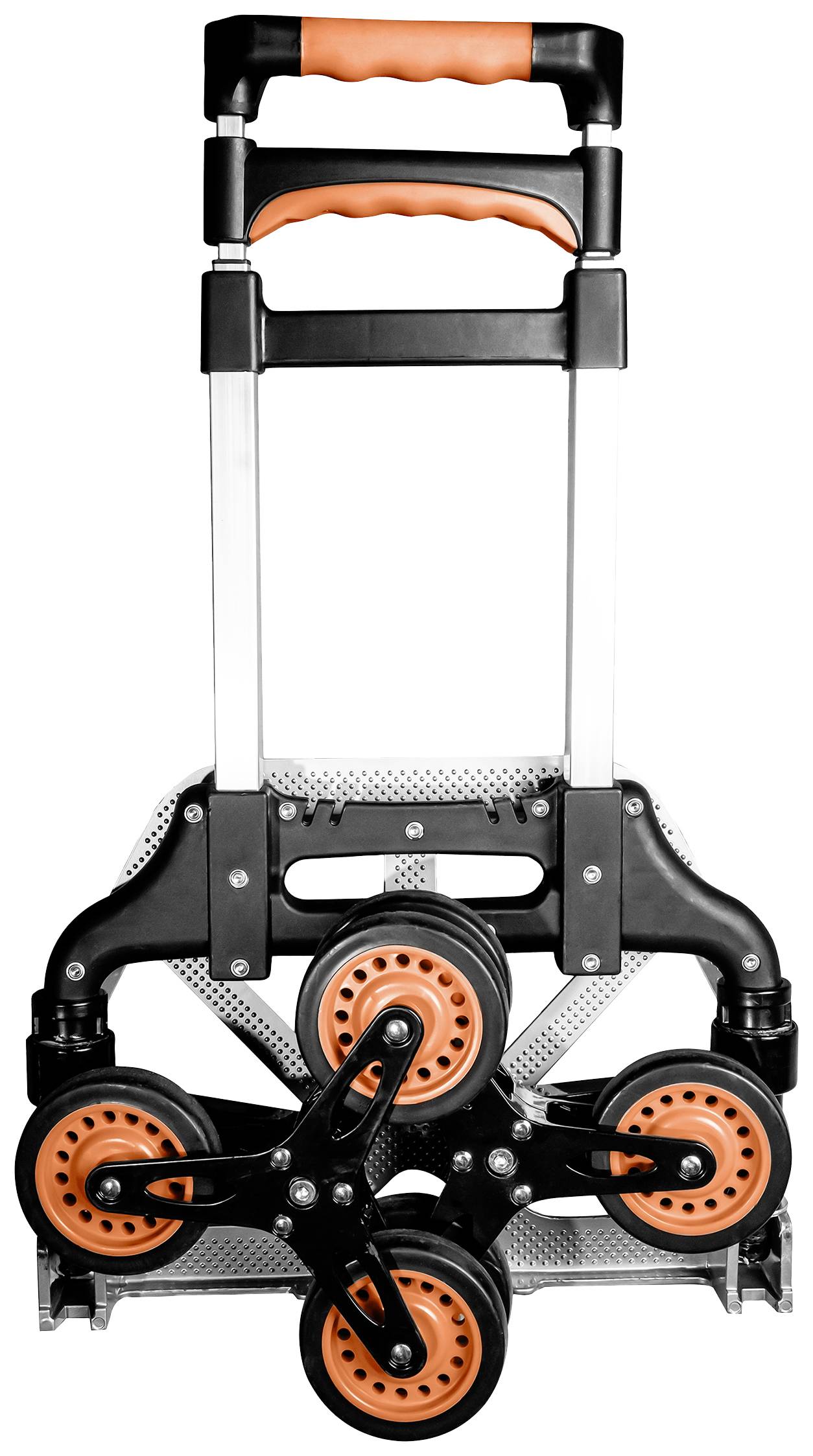 Ein zusammenklappbarer Handwagen mit drei Rädern auf jeder Seite, geeignet zum Treppensteigen. Er hat einen stabilen Griff und eine silberne Metallkonstruktion.