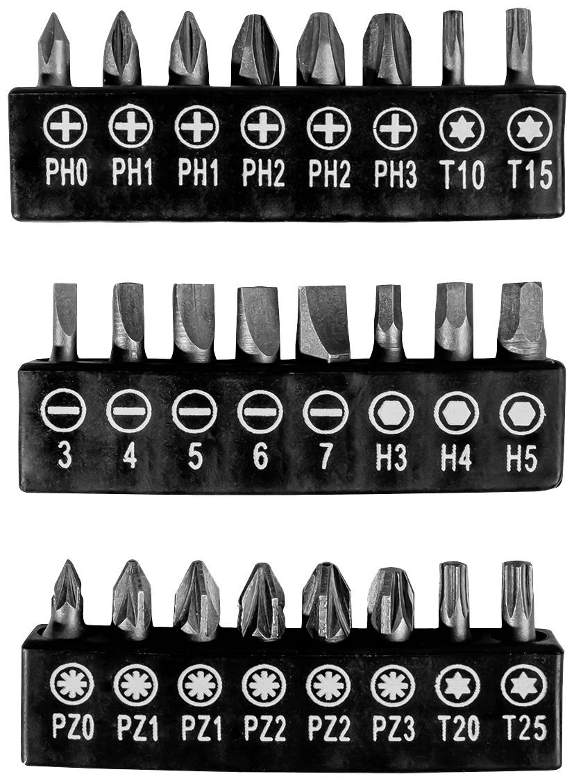 Drei Reihen von Schraubendreherbits, jeweils für unterschiedliche Schraubentypen markiert: Kreuz-, Schlitz- und Torx-Schrauben.