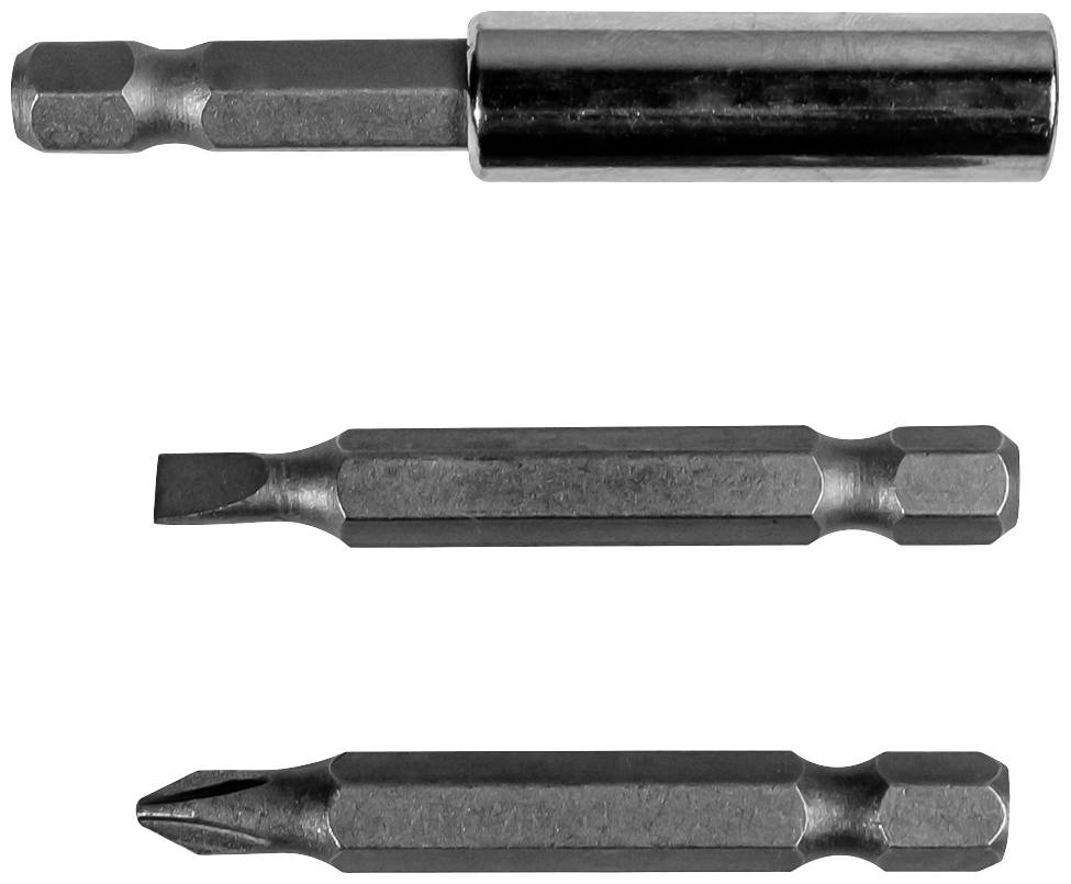 Drei Schraubendreher-Bits in verschiedenen Formen: ein Sechskant, ein Flachkopf und ein Kreuzschlitz.