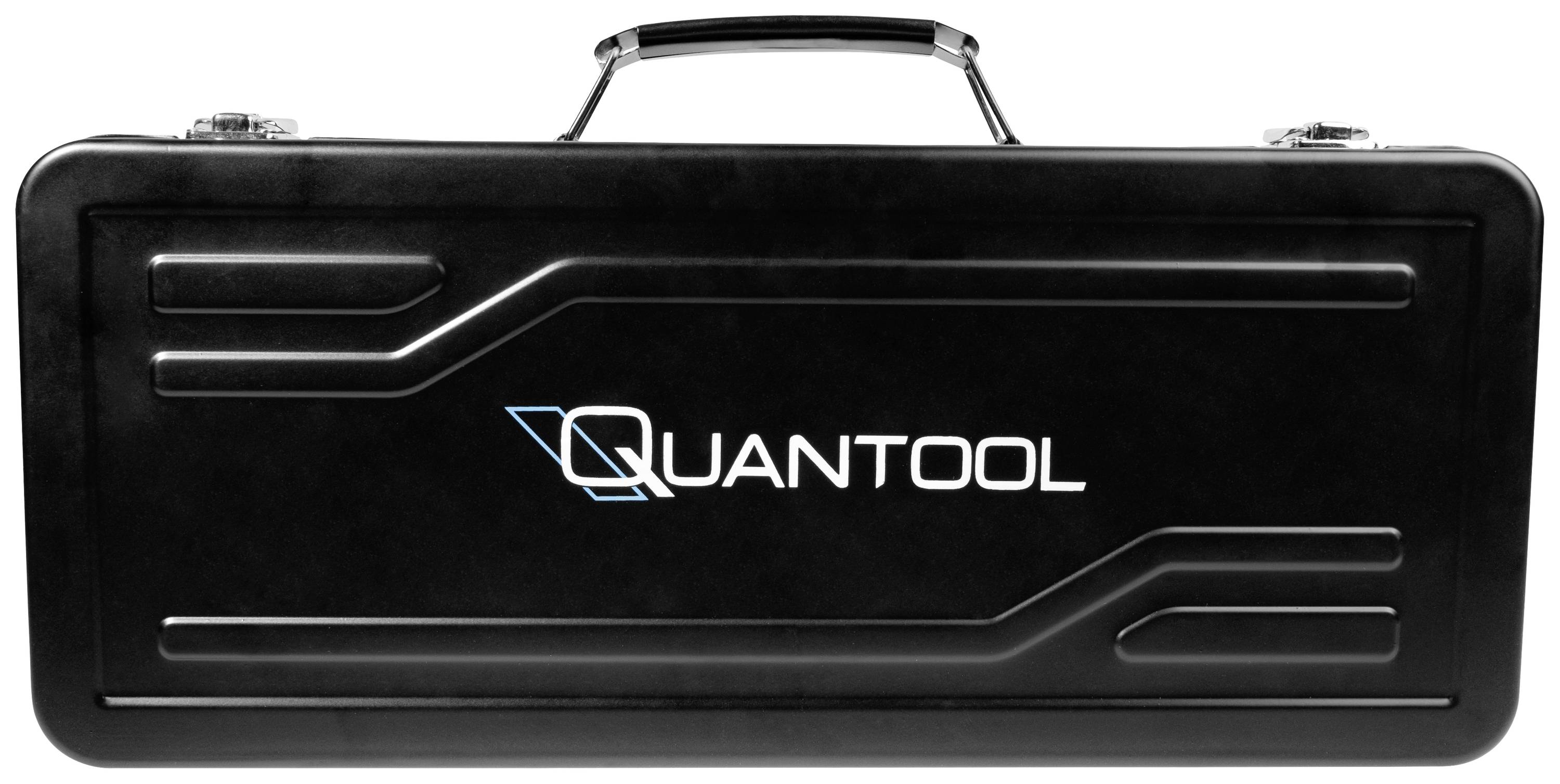 Schwarzer Koffer mit der Aufschrift 'QUANTOOL' in weißen Buchstaben. Der Griff ist oben sichtbar.