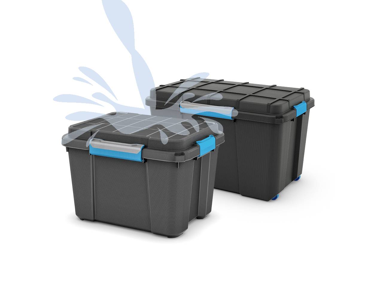 Zwei schwarze, wasserfeste Aufbewahrungsboxen mit blauen Griffen. Wasser spritzt auf die vordere geschlossene Box. Sie sind stapelbar.