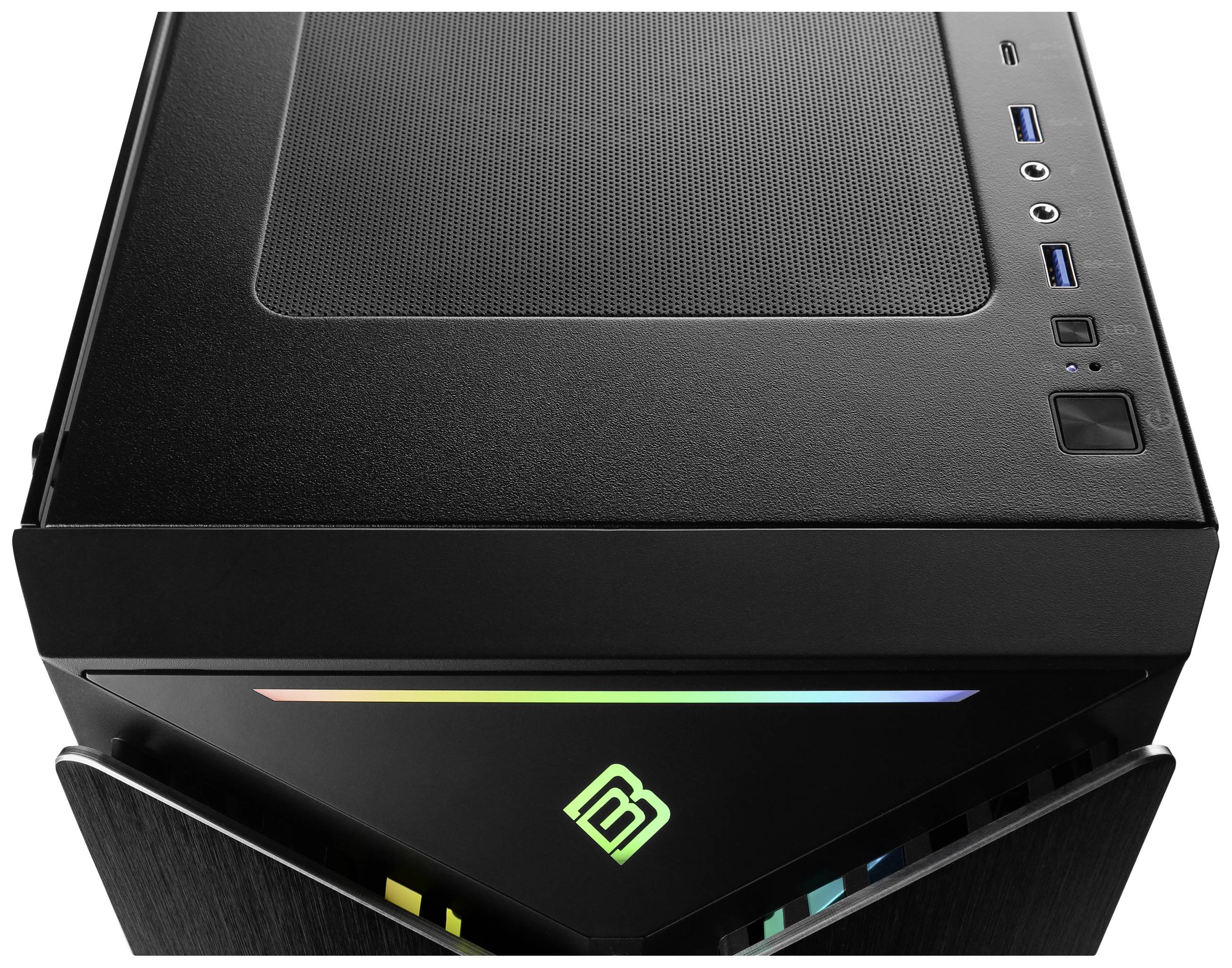 Schwarzes Computergehäuse mit RGB-Beleuchtung oben, zwei USB-Anschlüssen, Audioanschlüssen und beleuchtetem Firmenlogo vorne.