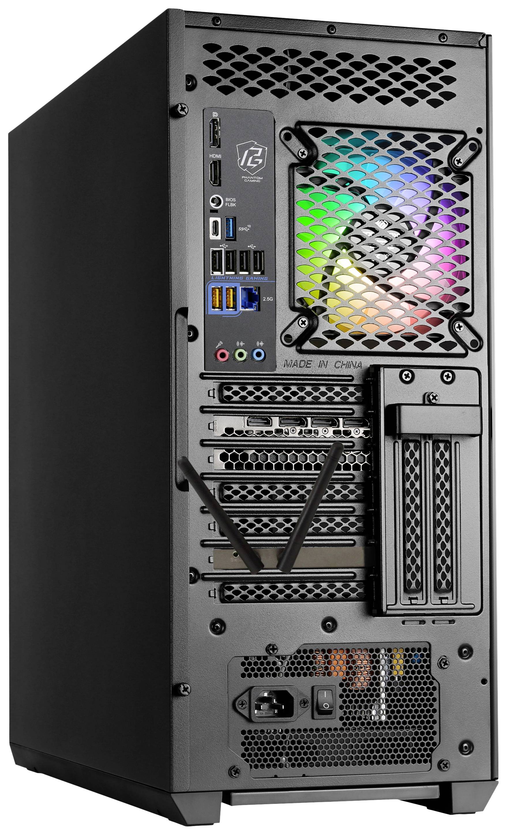 Schwarzer PC-Tower von hinten, zeigt Lüfter mit RGB-Beleuchtung, diverse Anschlüsse wie USB und HDMI sowie Netzanschluss.