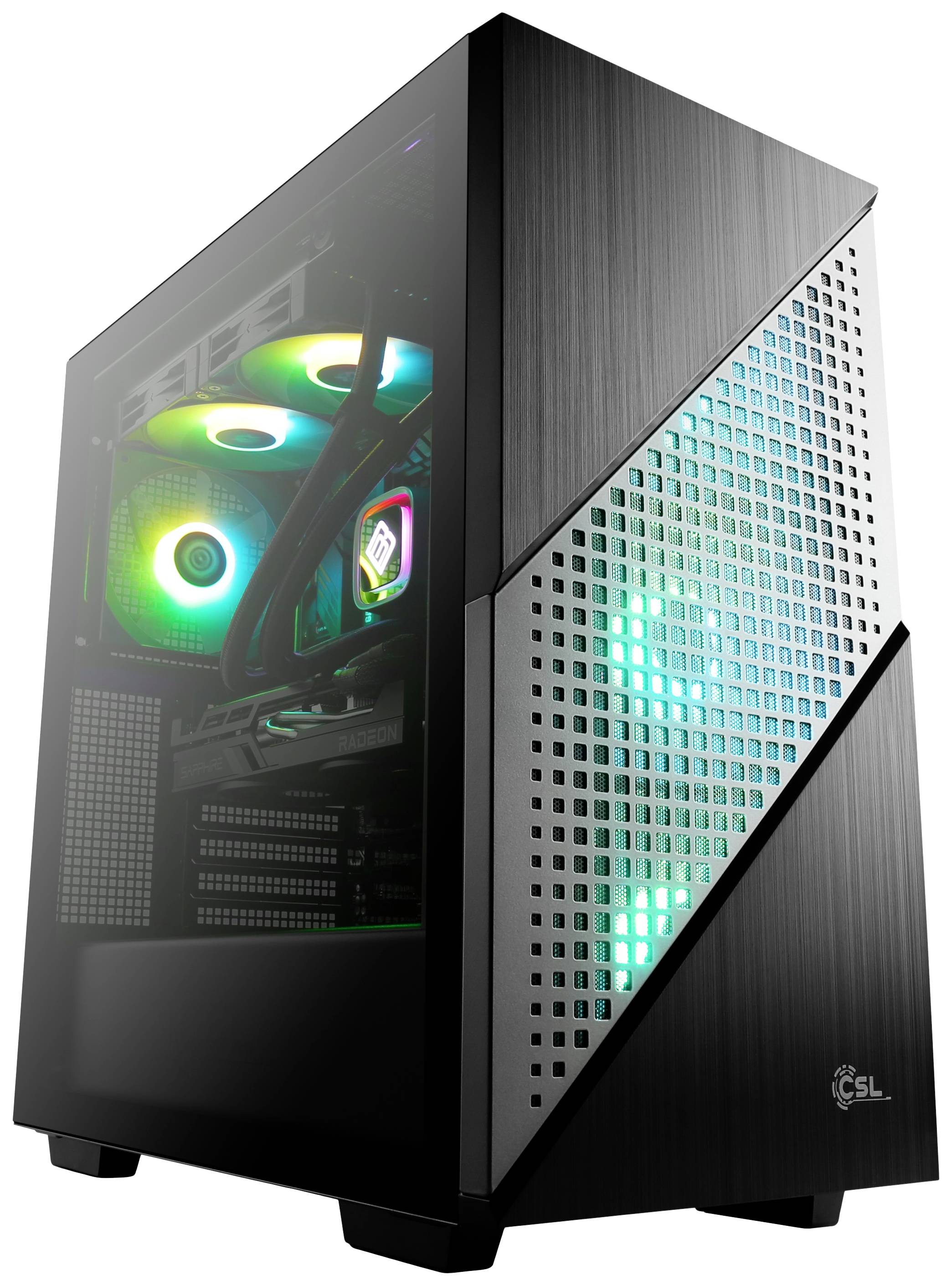 Ein moderner Gaming-PC mit beleuchteten Lüftern und stilvollem Gehäuse. Die Lichter strahlen in verschiedenen Farben und Muster.