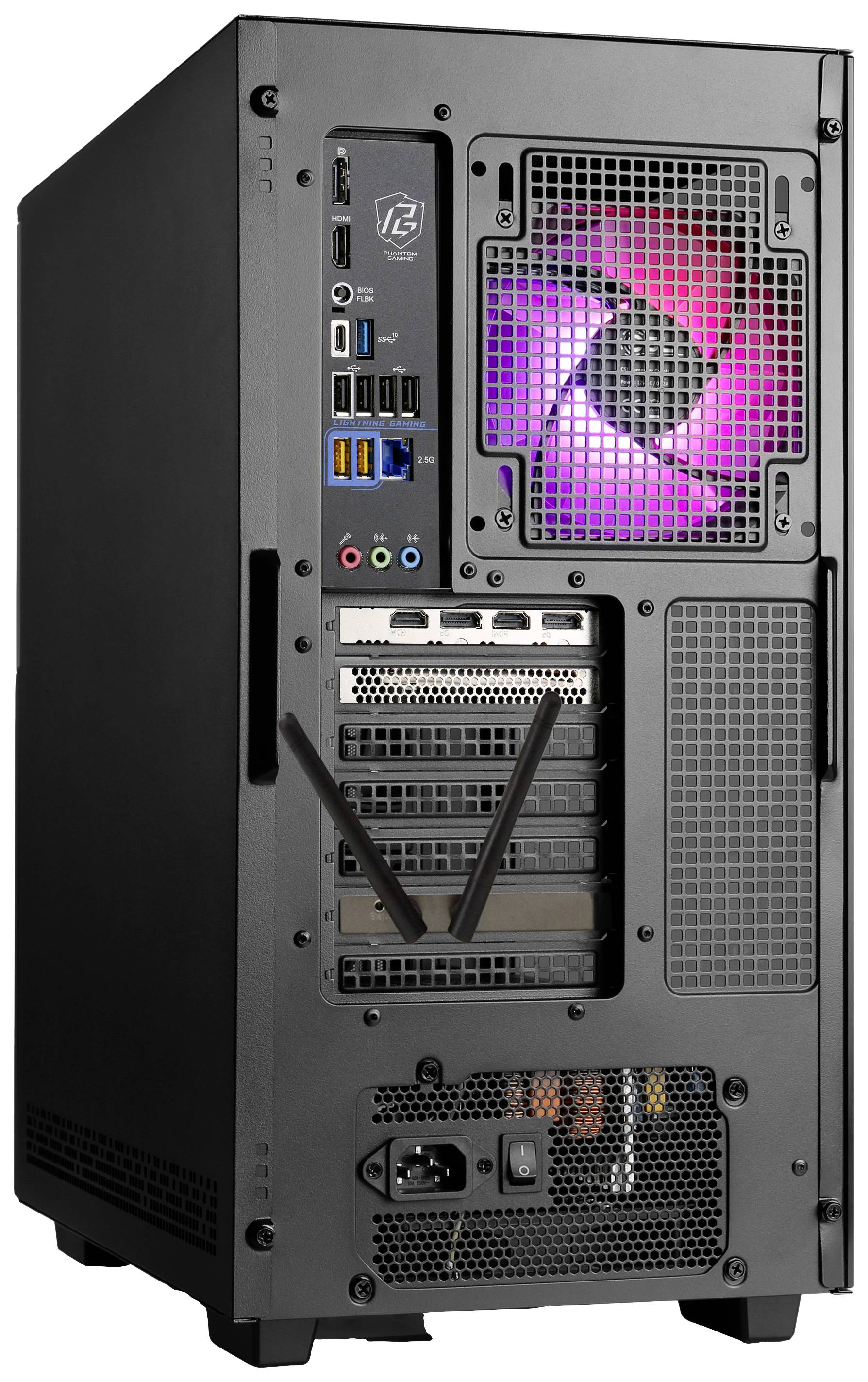 Rückseite eines Desktop-PCs mit sichtbaren Anschlüssen und einem leuchtenden, bunten Lüfter. Steckplätze für Kabel und Antennen sind erkennbar.