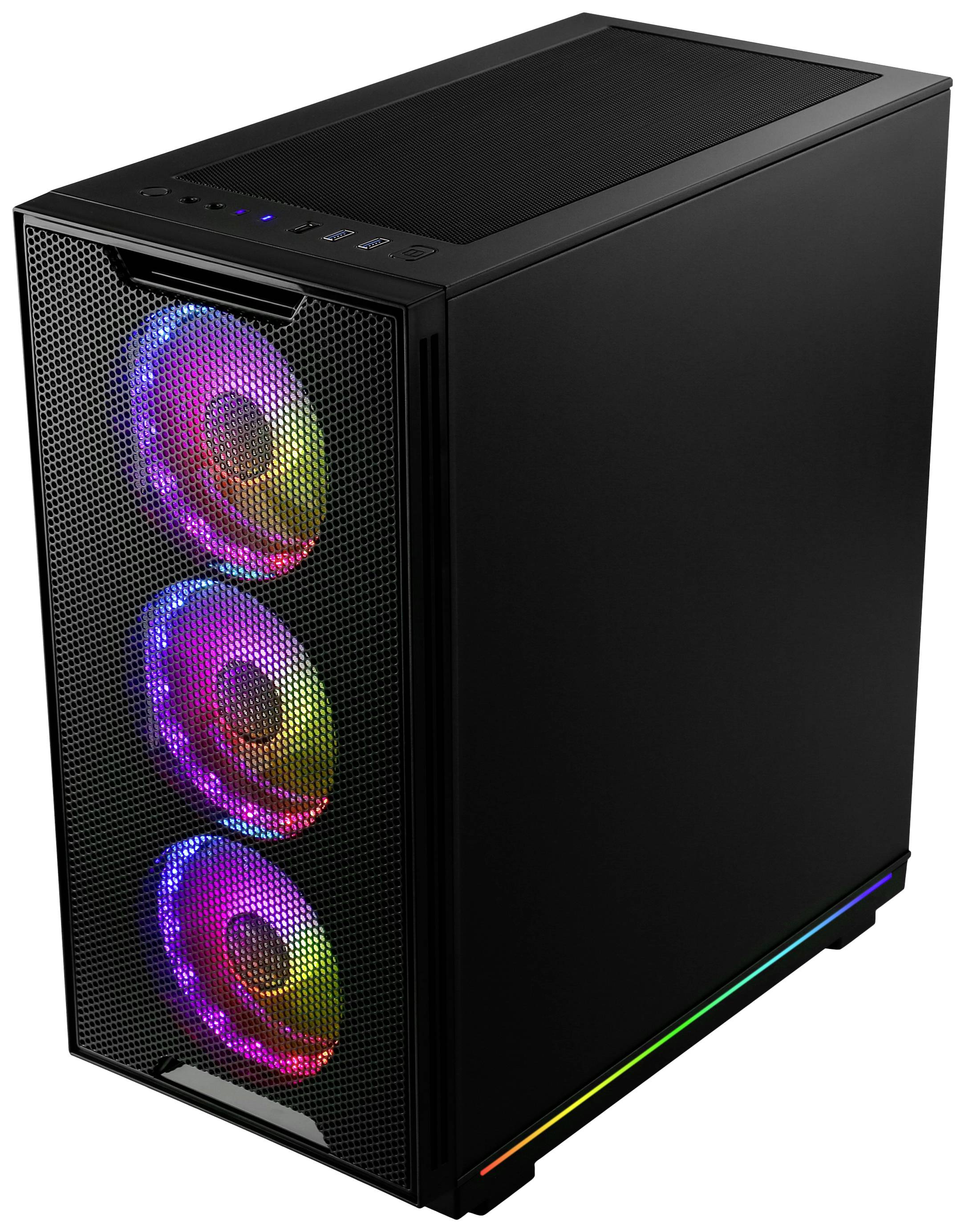 Schwarzes Computergehäuse mit drei leuchtenden Lüftern in Regenbogenfarben an der Vorderseite.