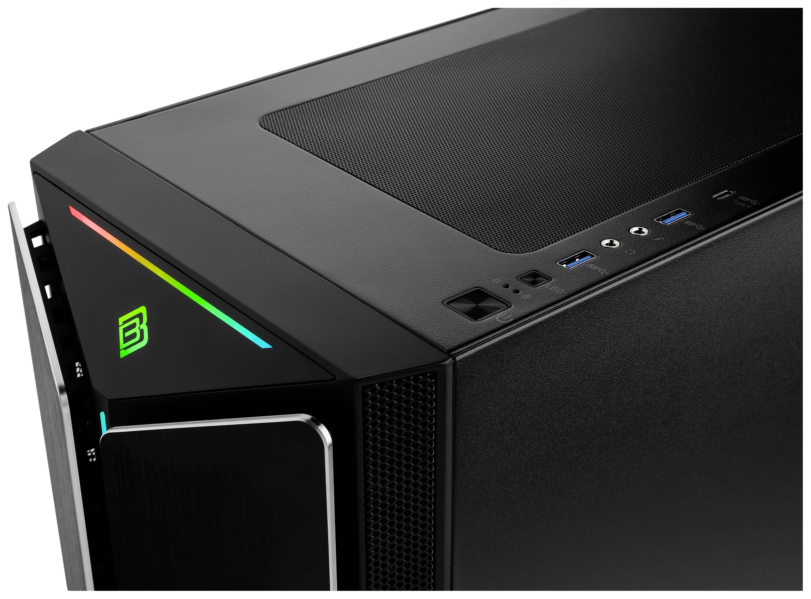 Schwarzes PC-Gehäuse mit seitlicher LED-Beleuchtung und mehreren USB-Anschlüssen an der Vorderseite.