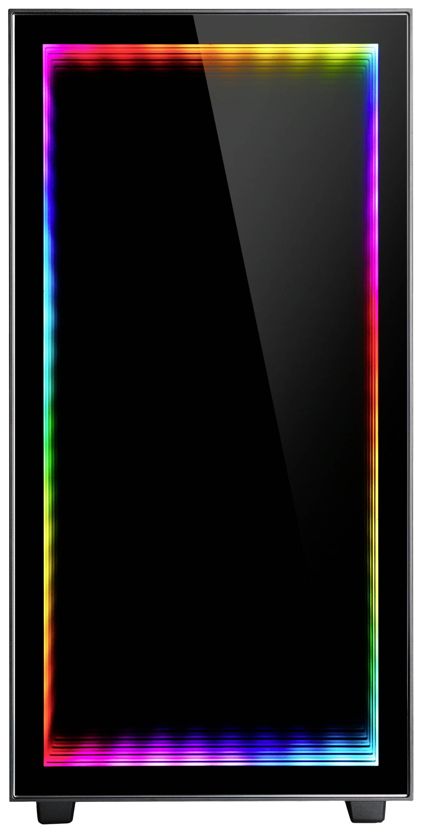 Ein schwarzer Computergehäuse mit einer leuchtenden RGB-Lichtleiste entlang des Rahmens.