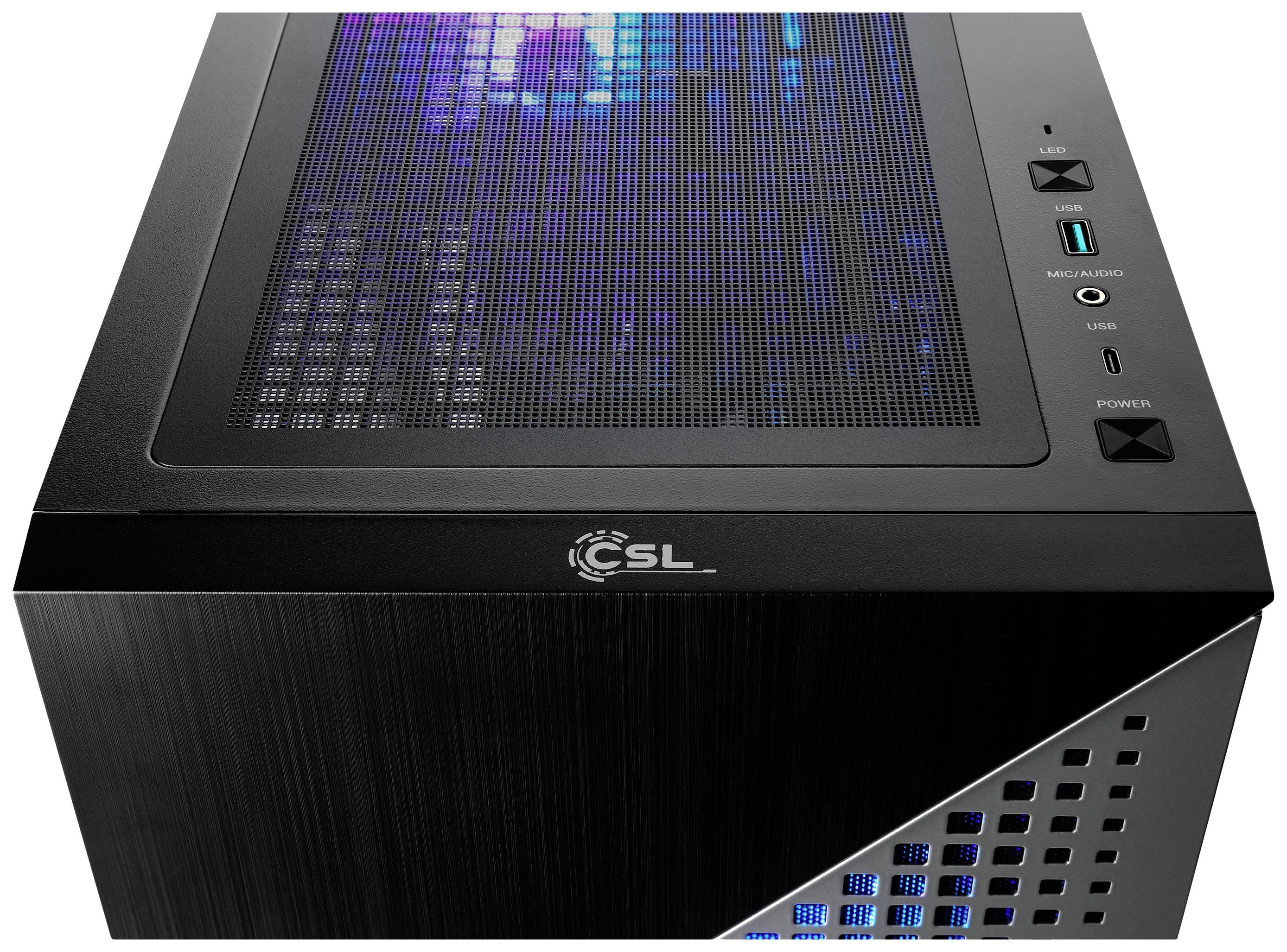 Ein schwarzer Computergehäuse mit beleuchtetem Mesh-Design an der Oberseite. Enthält USB-Anschlüsse und Steuerknöpfe vorne.