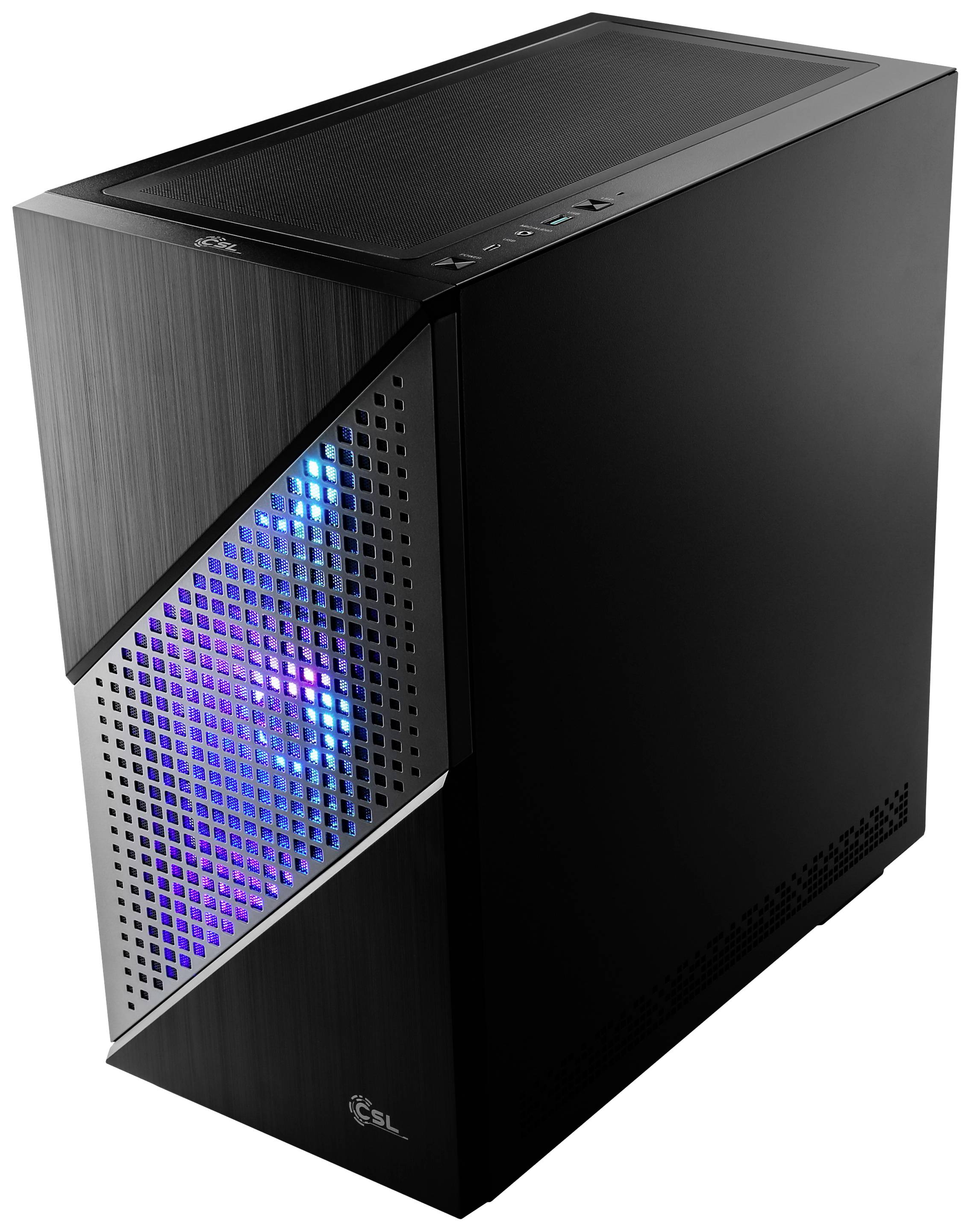 Schwarzes Computergehäuse mit seitlichen Lüftungsschlitzen, durch die blaues und violettes Licht von innen sichtbar ist.