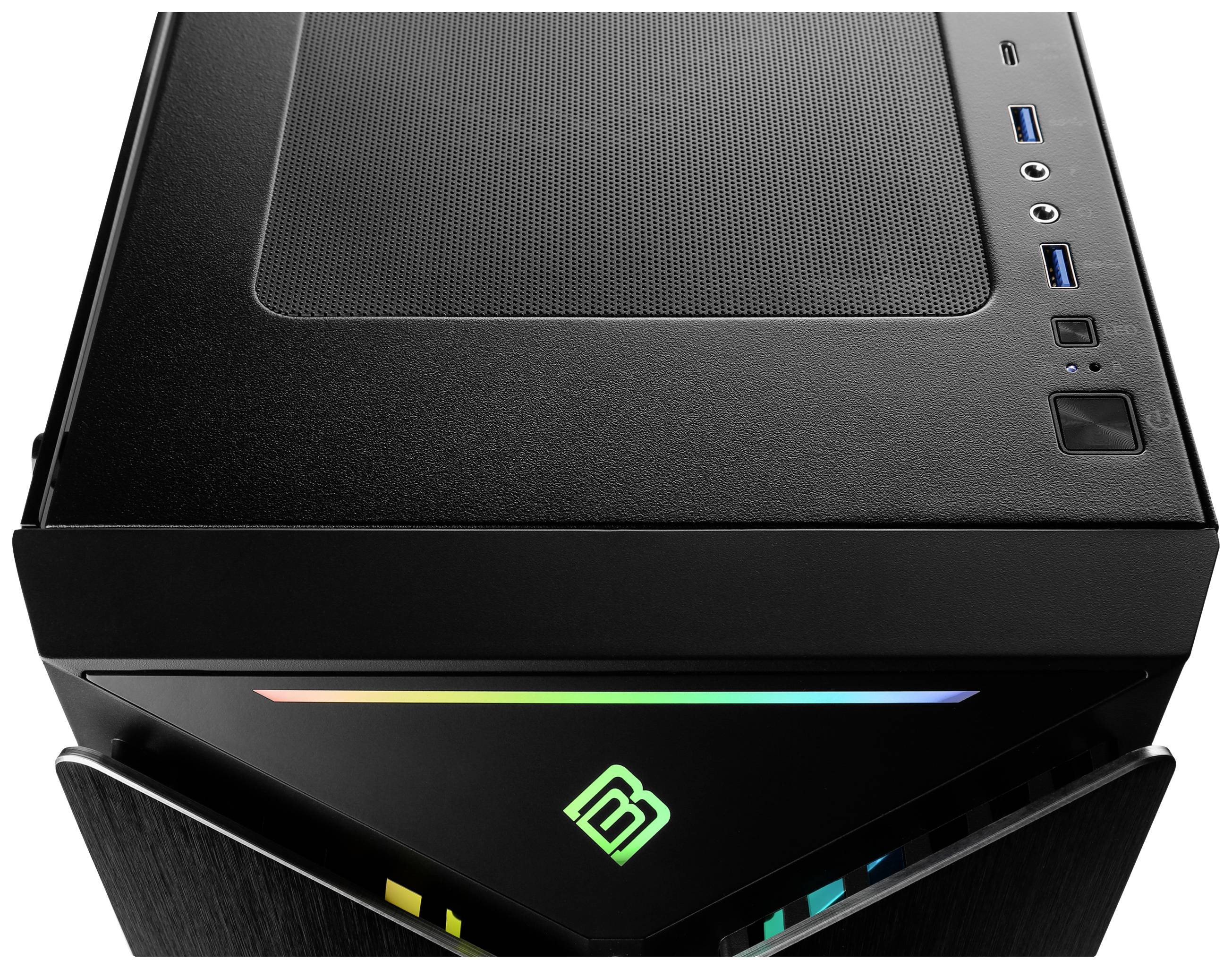 Schwarzes Computergehäuse mit leuchtendem Logo auf der Vorderseite. Oben sind USB-Anschlüsse und Audioanschlüsse sichtbar.