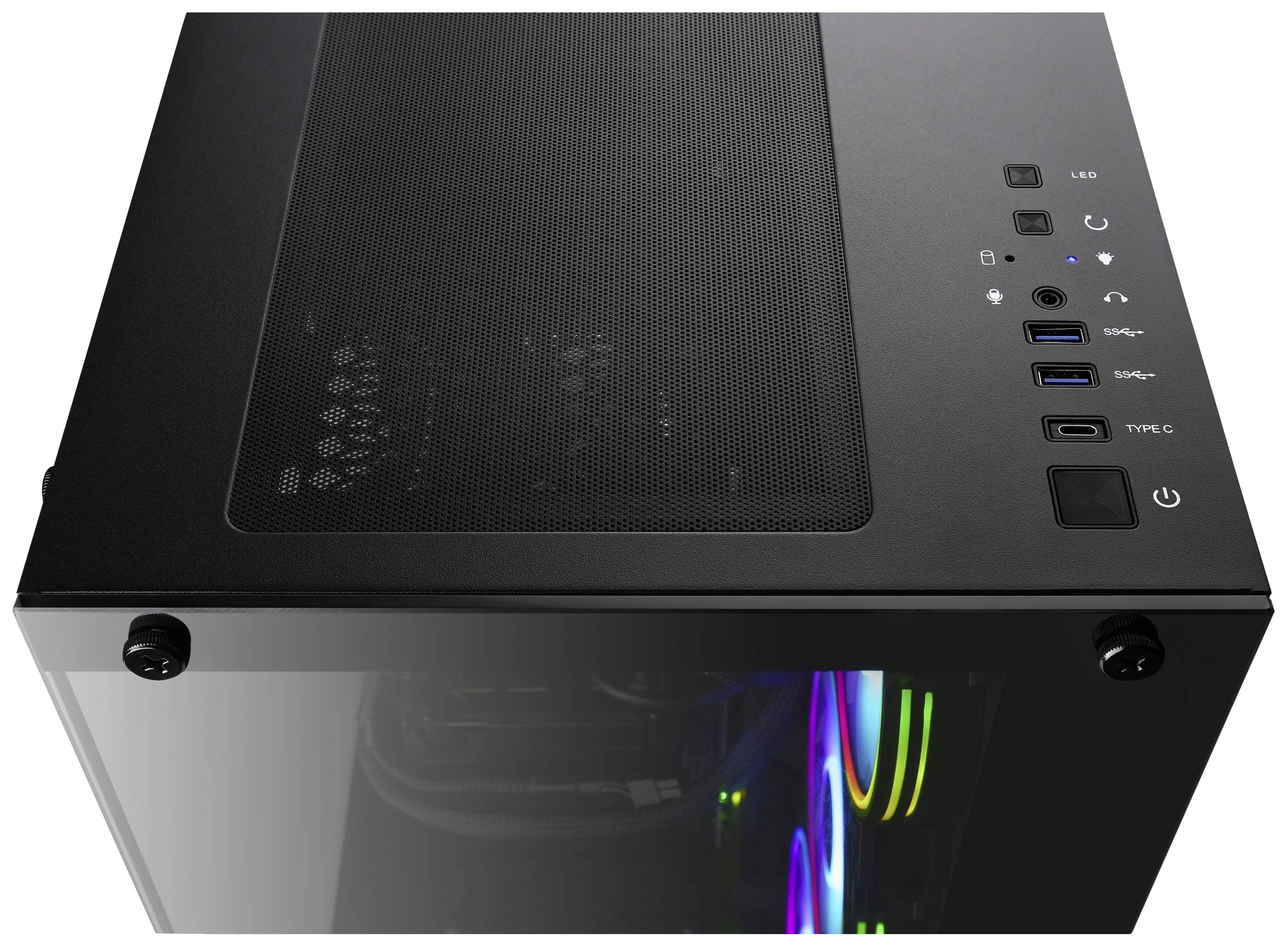 Schwarzes Computergehäuse mit Glasfenster, sichtbaren Lüftern mit RGB-Beleuchtung und Anschlüssen oben, darunter USB und Power-Taste.