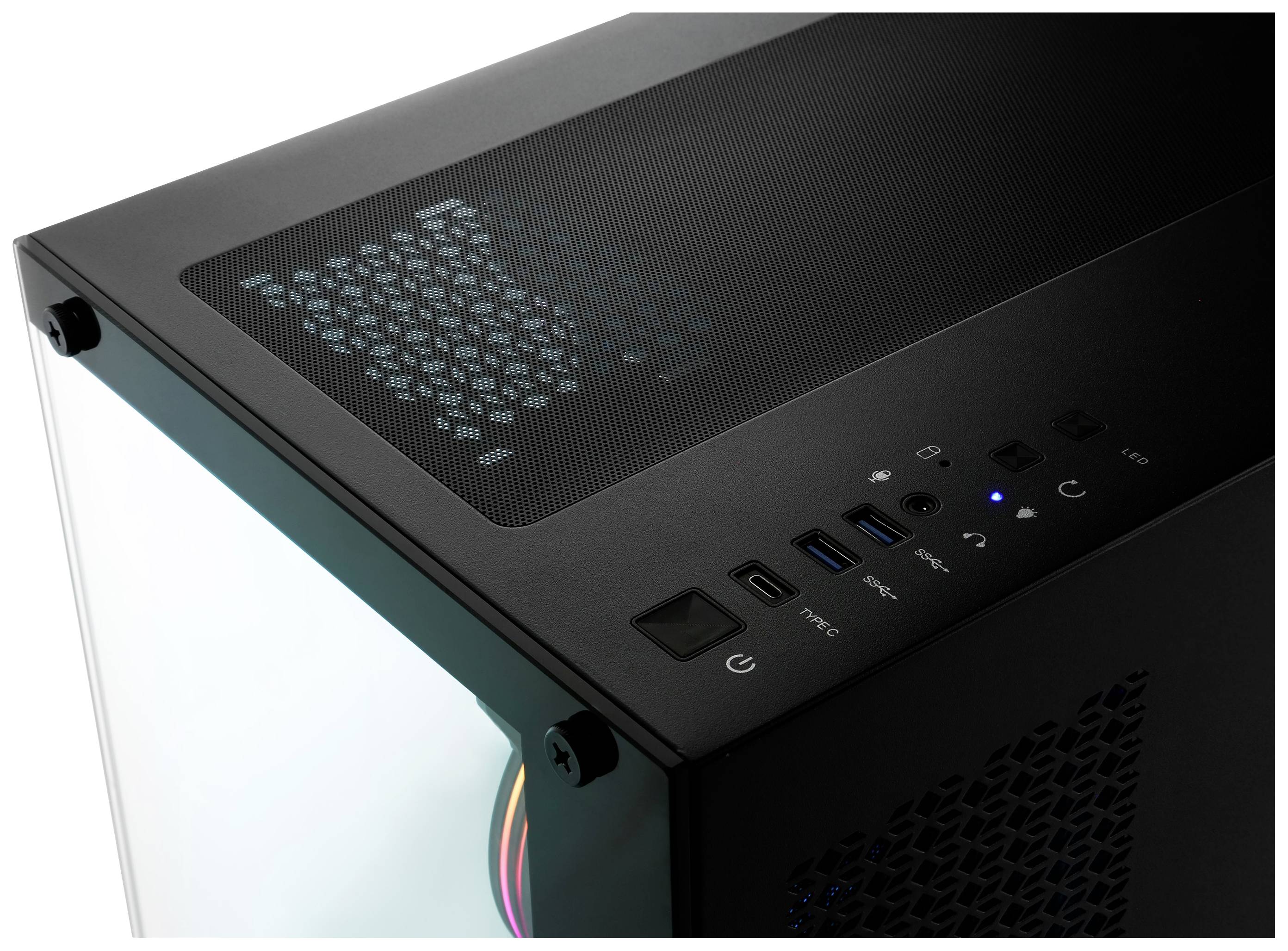 Schwarzes Computergehäuse mit Glasfenster und bunte Beleuchtung im Inneren. Vorderseite mit USB-Anschlüssen und Power-Button.