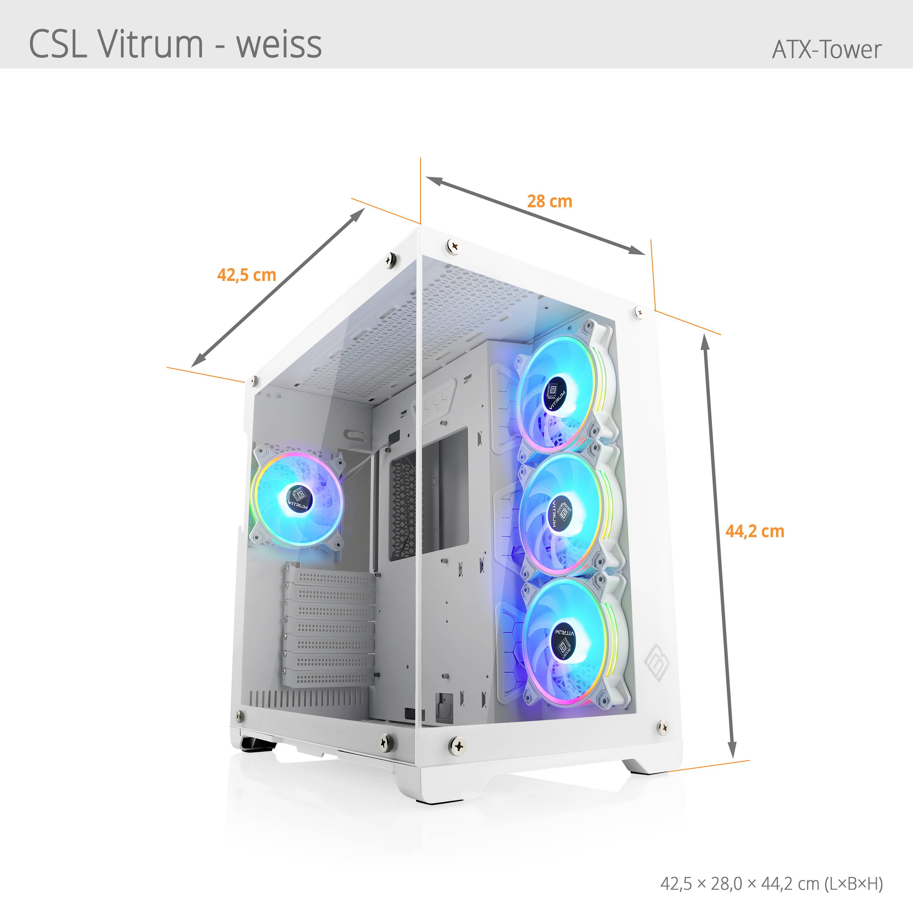 'CSL Vitrum - weiß ATX-Tower' mit beleuchteten Ventilatoren. Maße: 42,5 x 28,0 x 44,2 cm. Gehäuse in der Abbildung geöffnet.