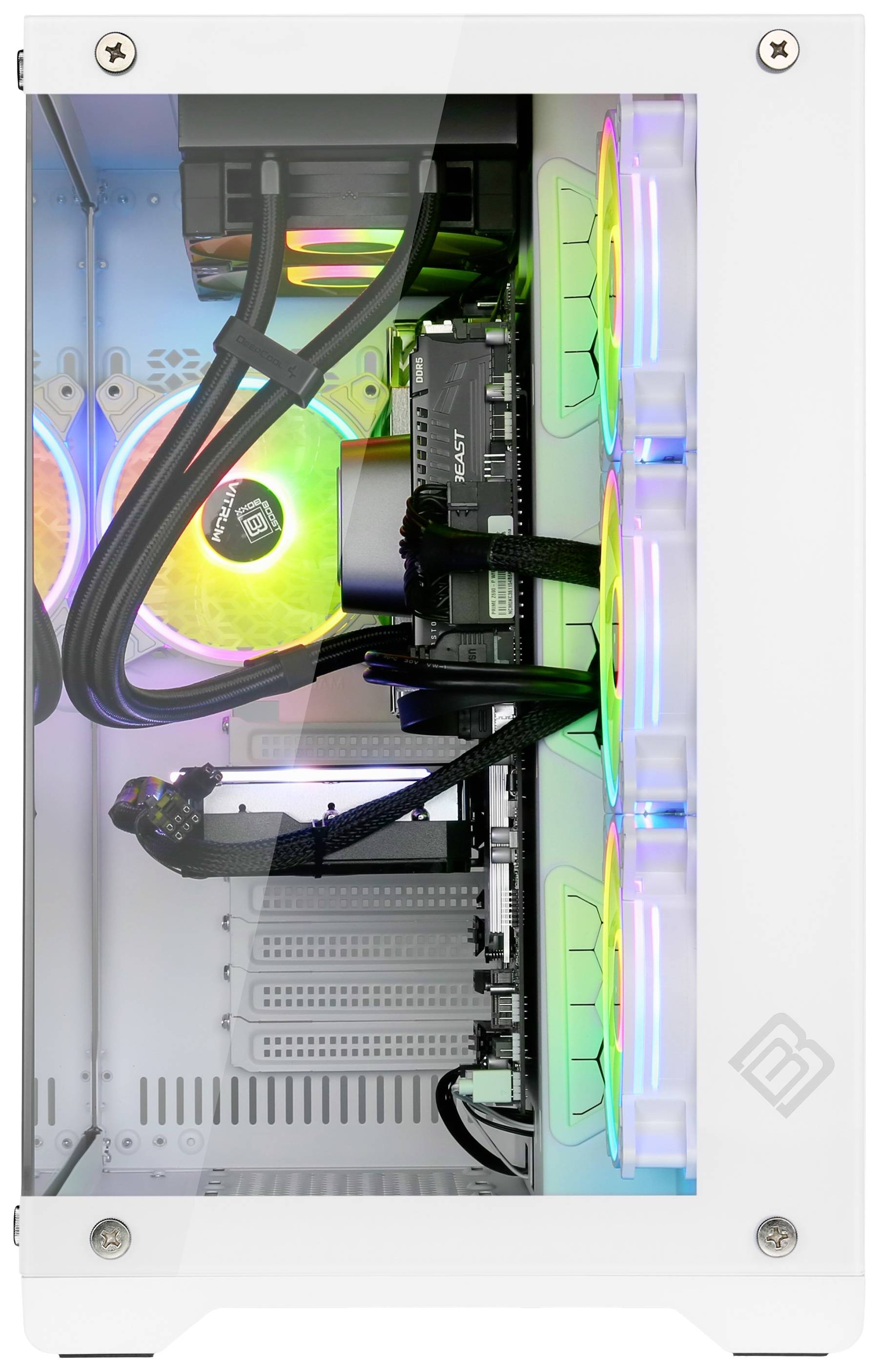 Weiße Computergehäuse-Seitenansicht mit bunten leuchtenden Lüftern und Kabeln. Enthält eine Grafikkarte und andere Komponenten.