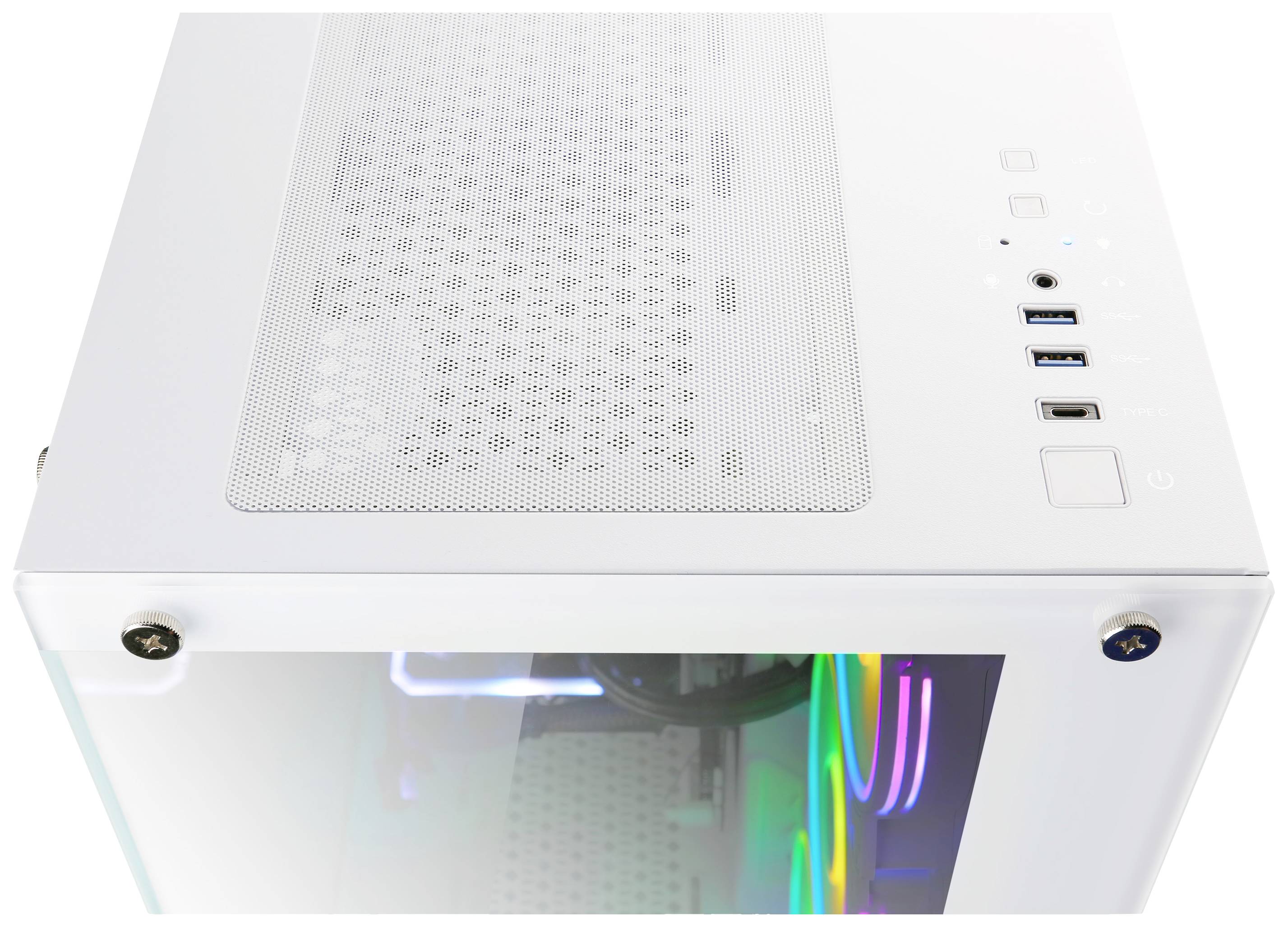 Ein weißes Computergehäuse mit seitlichem Glasfenster und USB-Anschlüssen oben. Innen sind bunte LED-Lichter sichtbar.