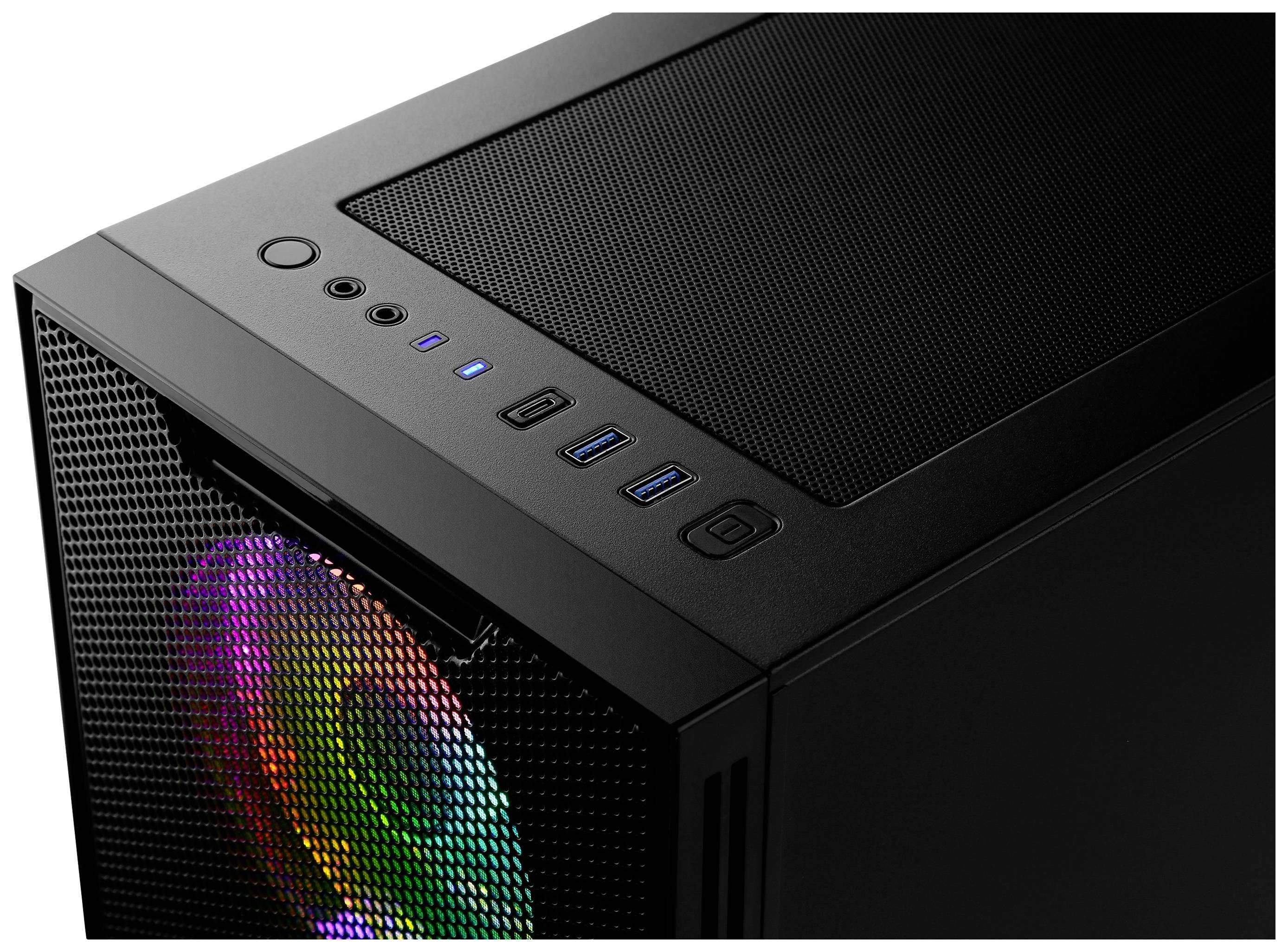 Schwarzes Computergehäuse mit bunter LED-Beleuchtung an der Seite und mehreren Anschlüssen oben.