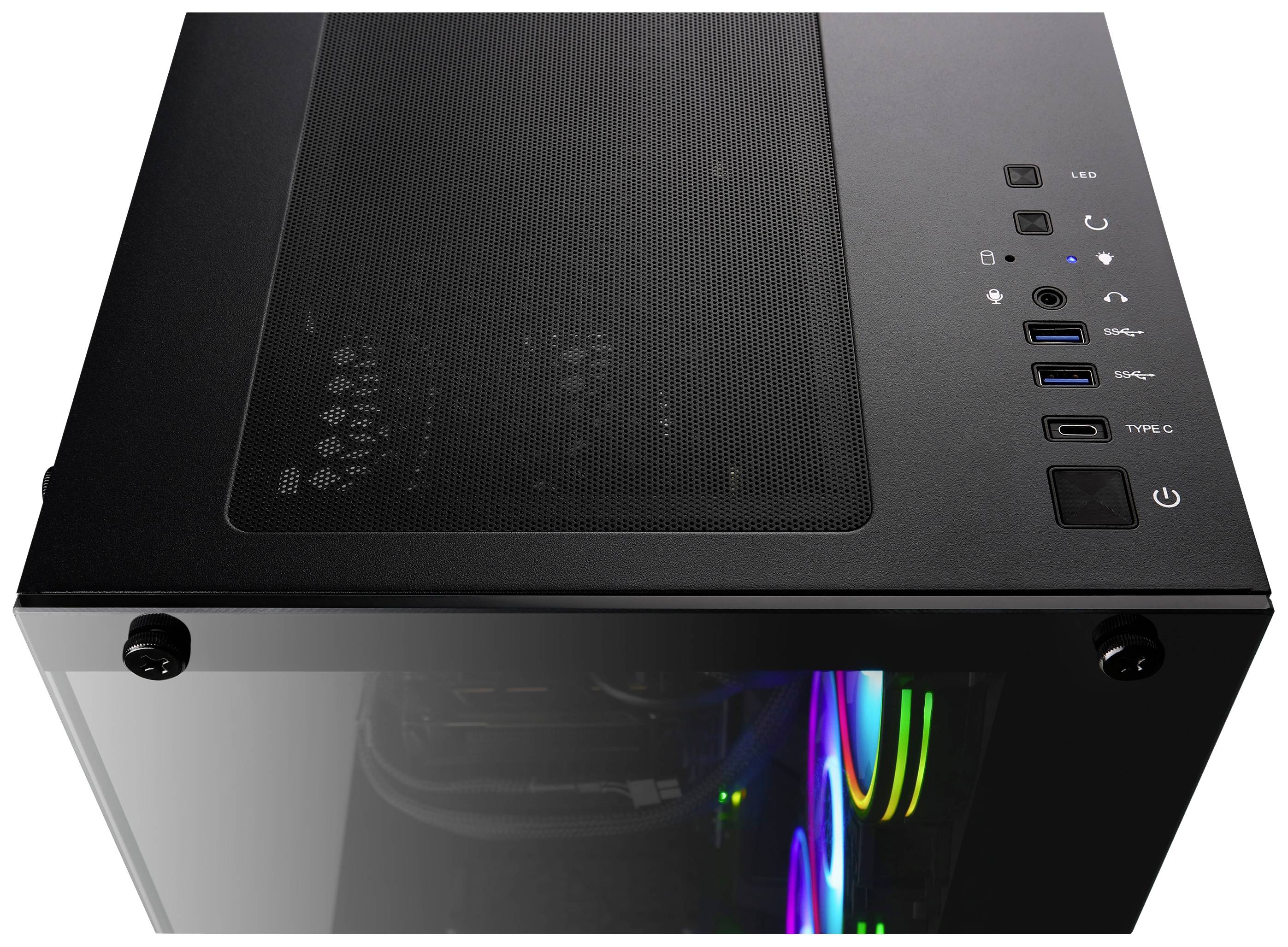 Ein schwarzes Computergehäuse mit Glaspanel, RGB-Beleuchtung und mehreren Anschlüssen auf der Oberseite, einschließlich USB und Audio.