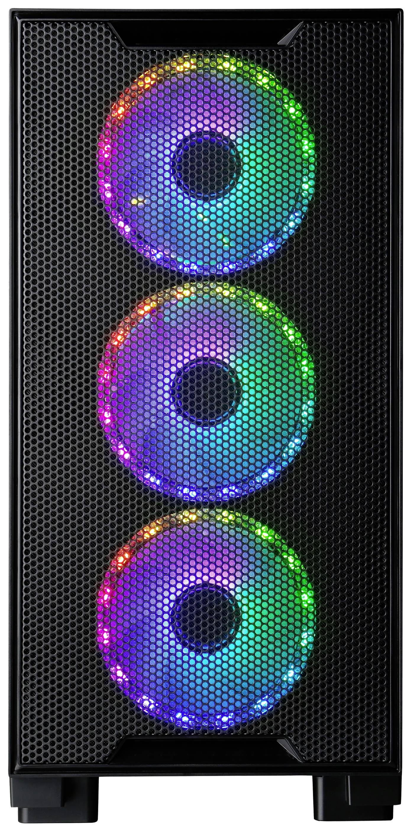 Computergehäuse mit drei vorderen RGB-Lüftern, die in Regenbogenfarben leuchten.