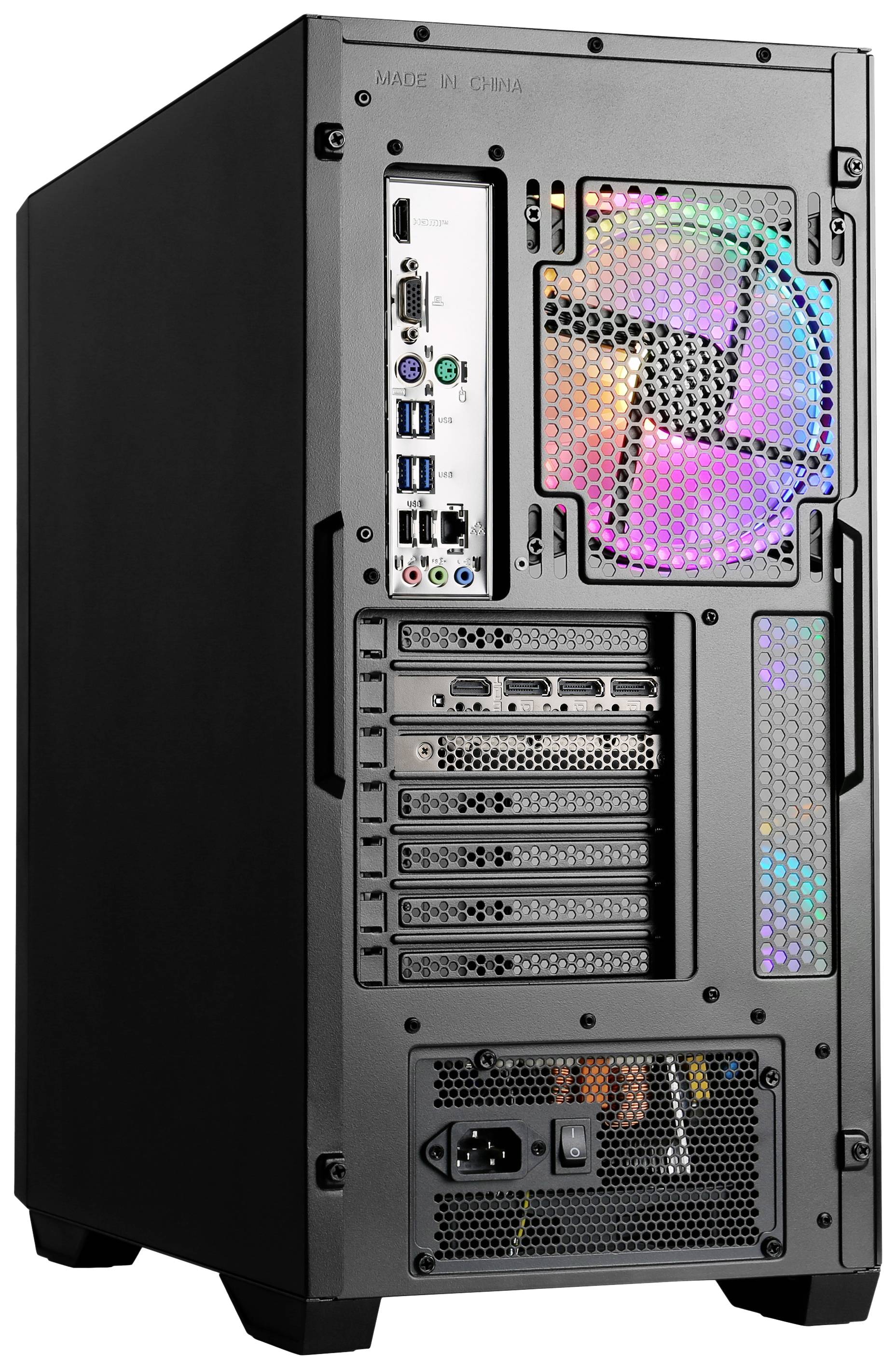 Der Rücken eines Desktop-Computers mit Anschlüssen, Lüfter mit RGB-Beleuchtung und mehreren Erweiterungssteckplätzen.