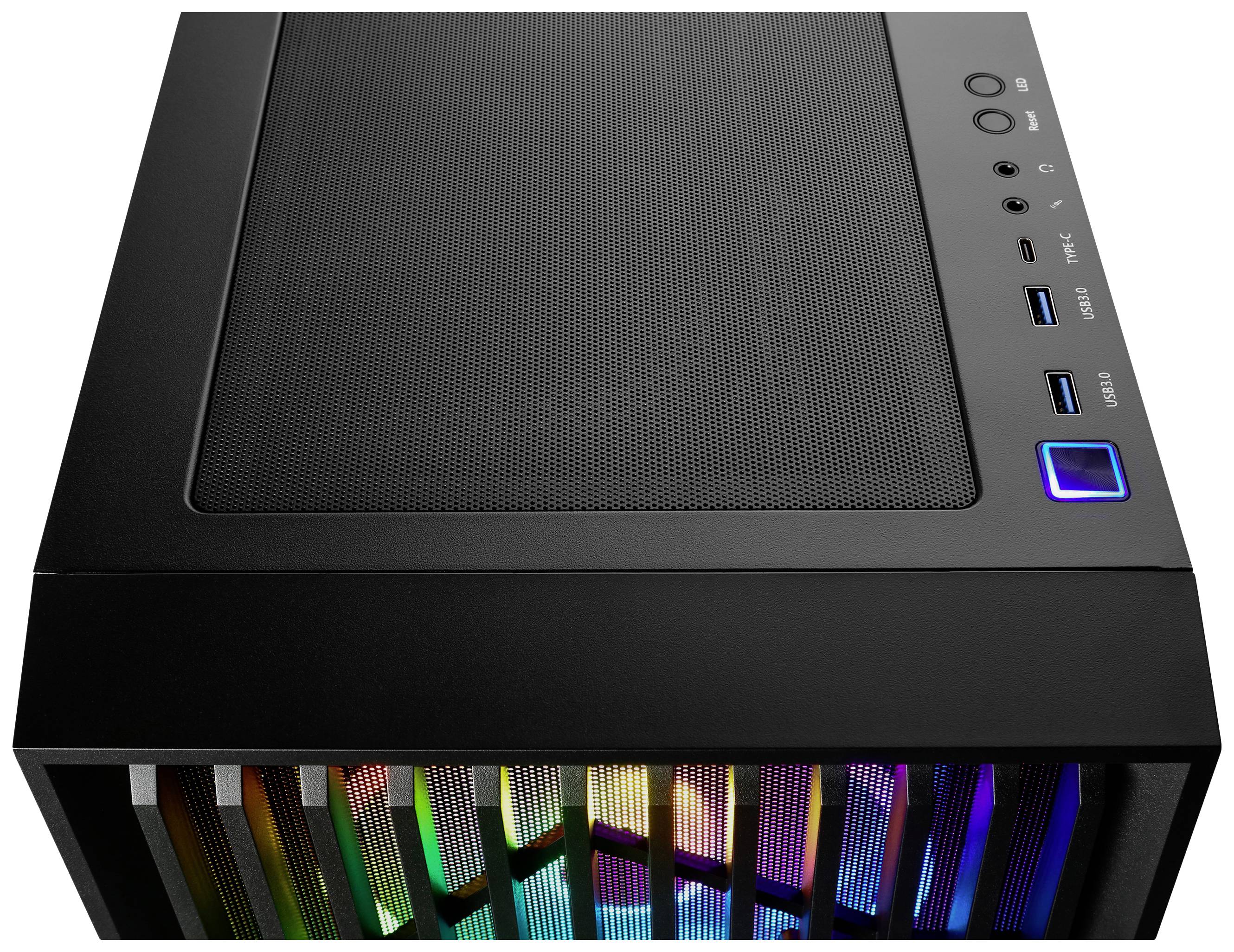 Schwarzes Computergehäuse von oben, mit USB-Anschlüssen und beleuchtetem Netzschalter. Vorderseite zeigt bunte Lüfterbeleuchtung.