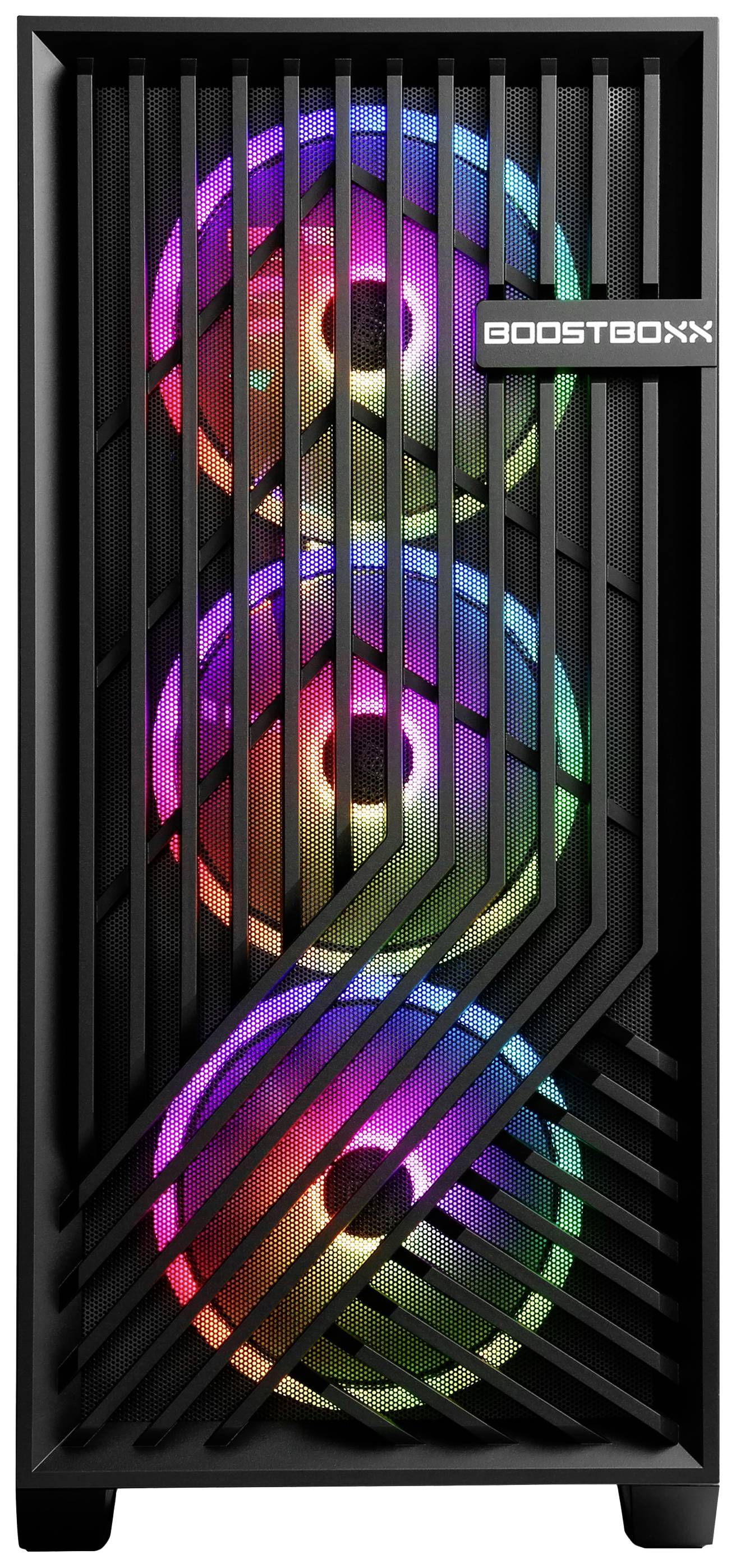 Schwarzes Computergehäuse mit drei beleuchteten Lüftern in Regenbogenfarben, sichtbar durch ein gitterartiges Frontpanel.