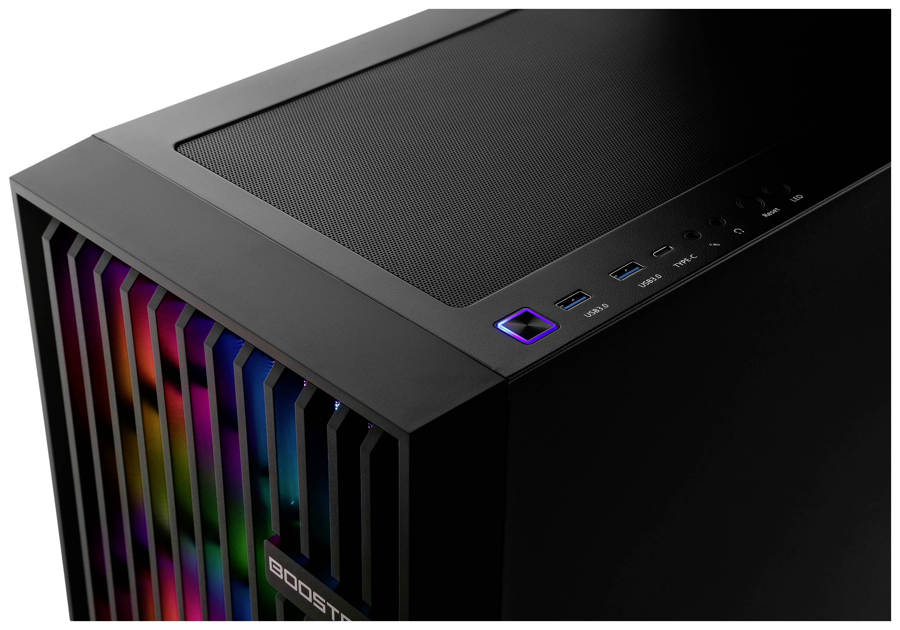 Schwarzes Computergehäuse mit bunten LED-Lichtern an der Vorderseite, USB-Anschlüsse und Power-Schalter oben.