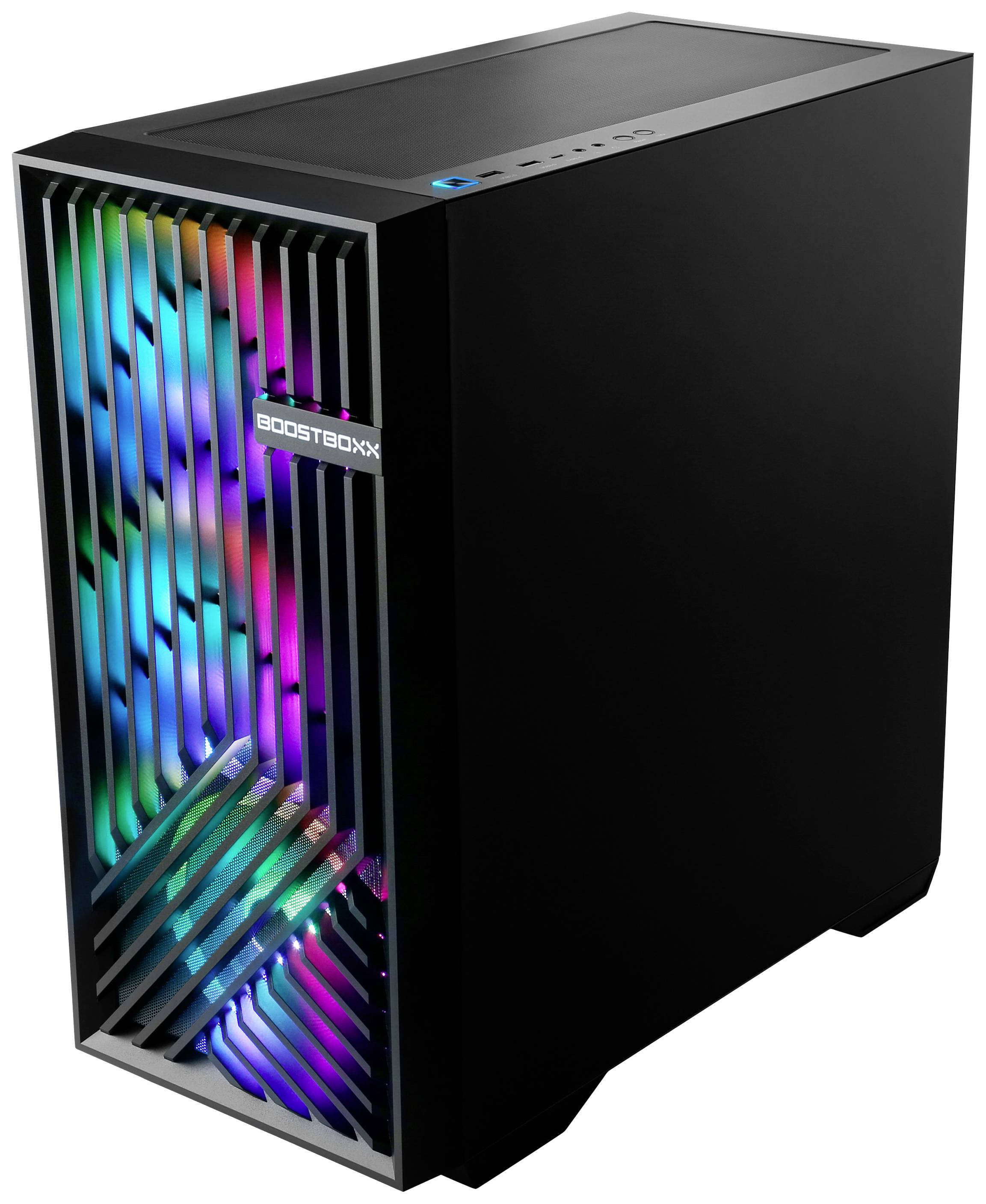 Schwarzer Computer-Tower mit leuchtenden, bunten LED-Lichtern hinter einem Gitter an der Vorderseite.