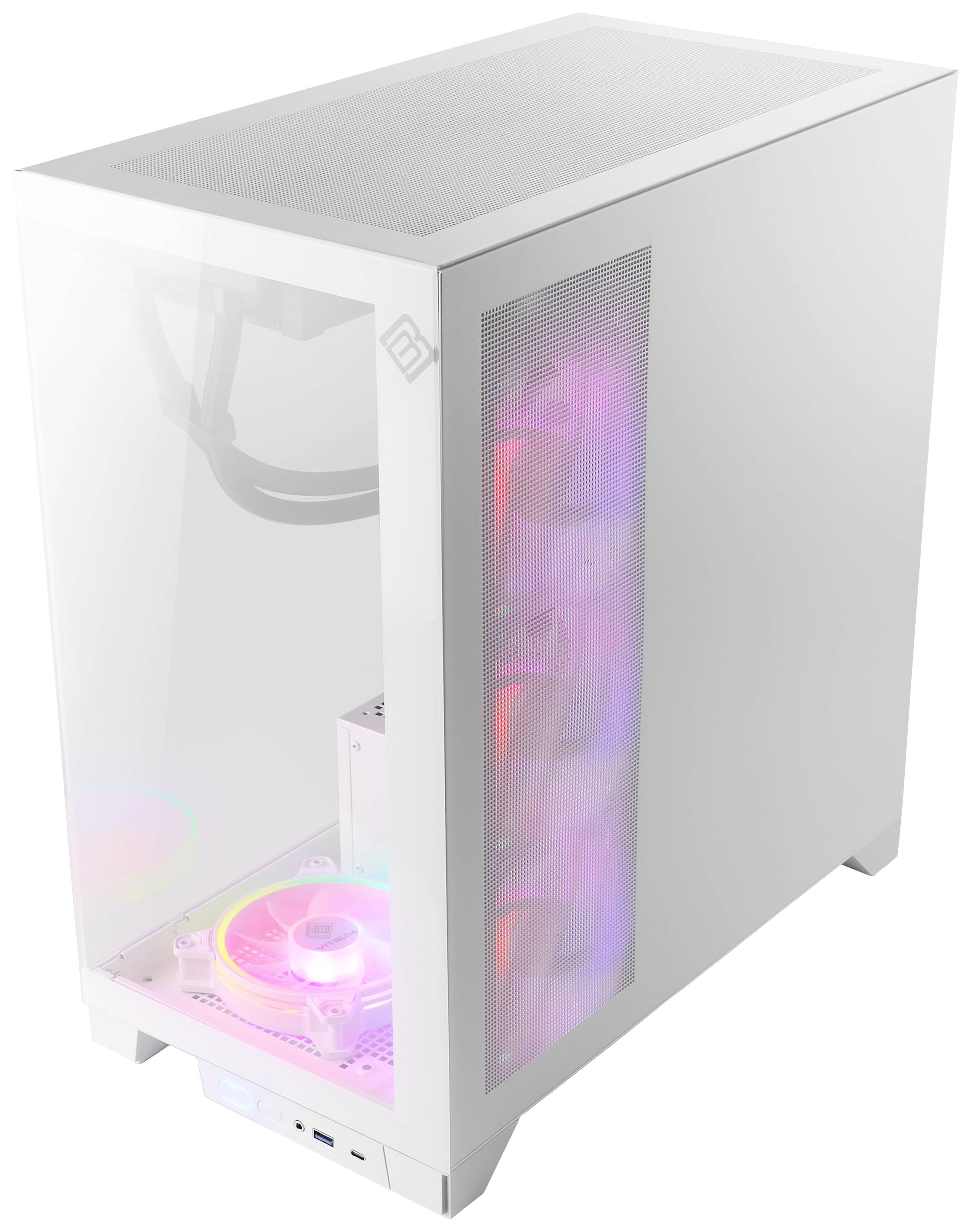 Ein weißes Computergehäuse mit transparenten Front- und Seitenteilen zeigt innen bunte LED-beleuchtete Lüfter.