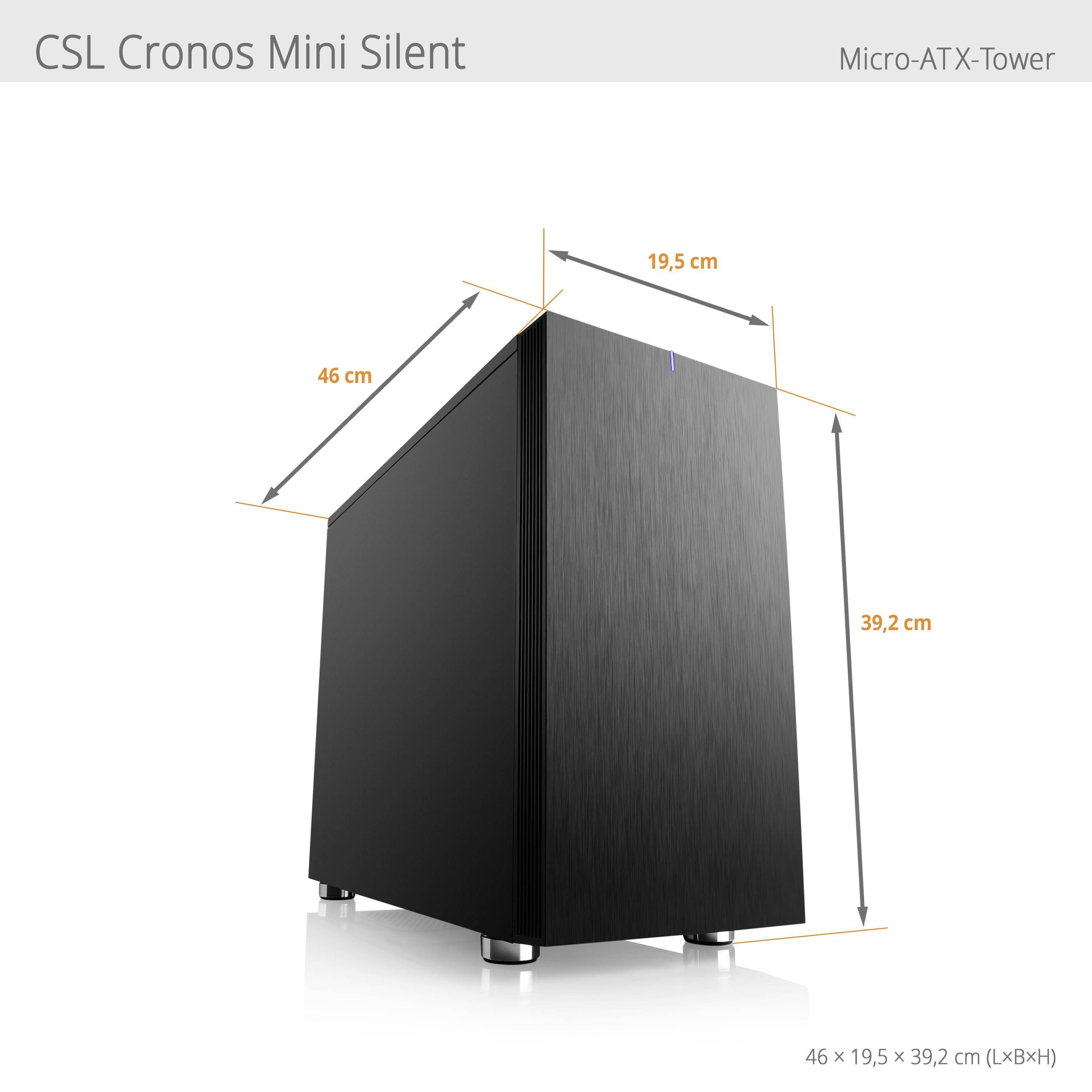 CSL Cronos Mini Silent, ein Micro-ATX-Tower. Maße: 46 cm (L) x 19,5 cm (B) x 39,2 cm (H). Schwarzes, minimalistisches Gehäuse.